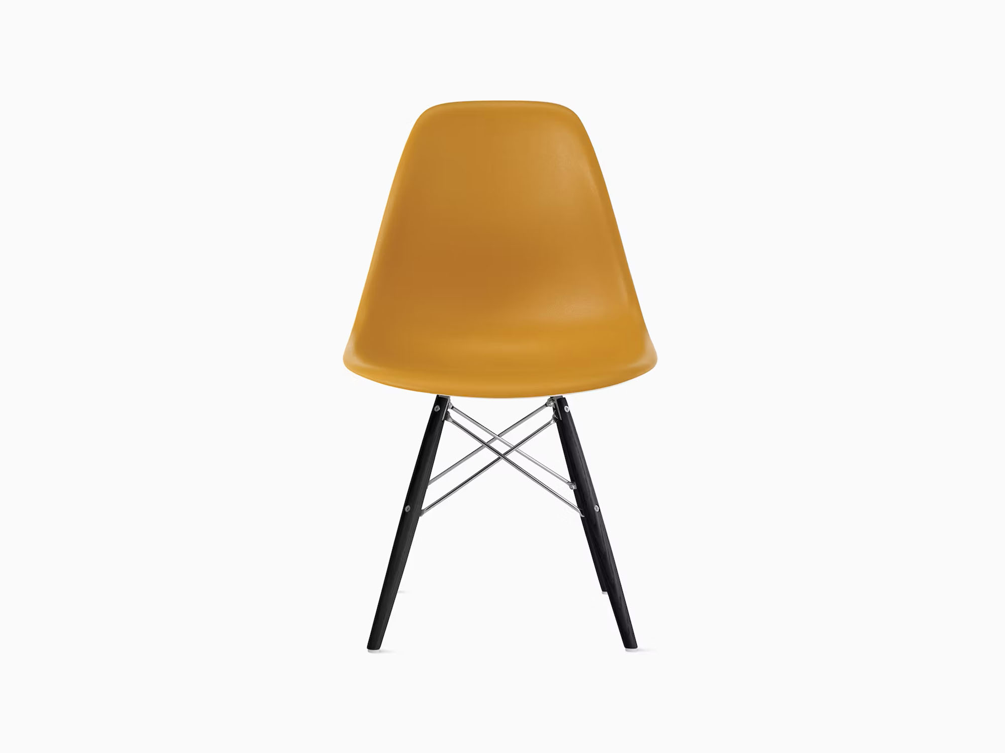 Front view of yellow plastic chair with black dowels