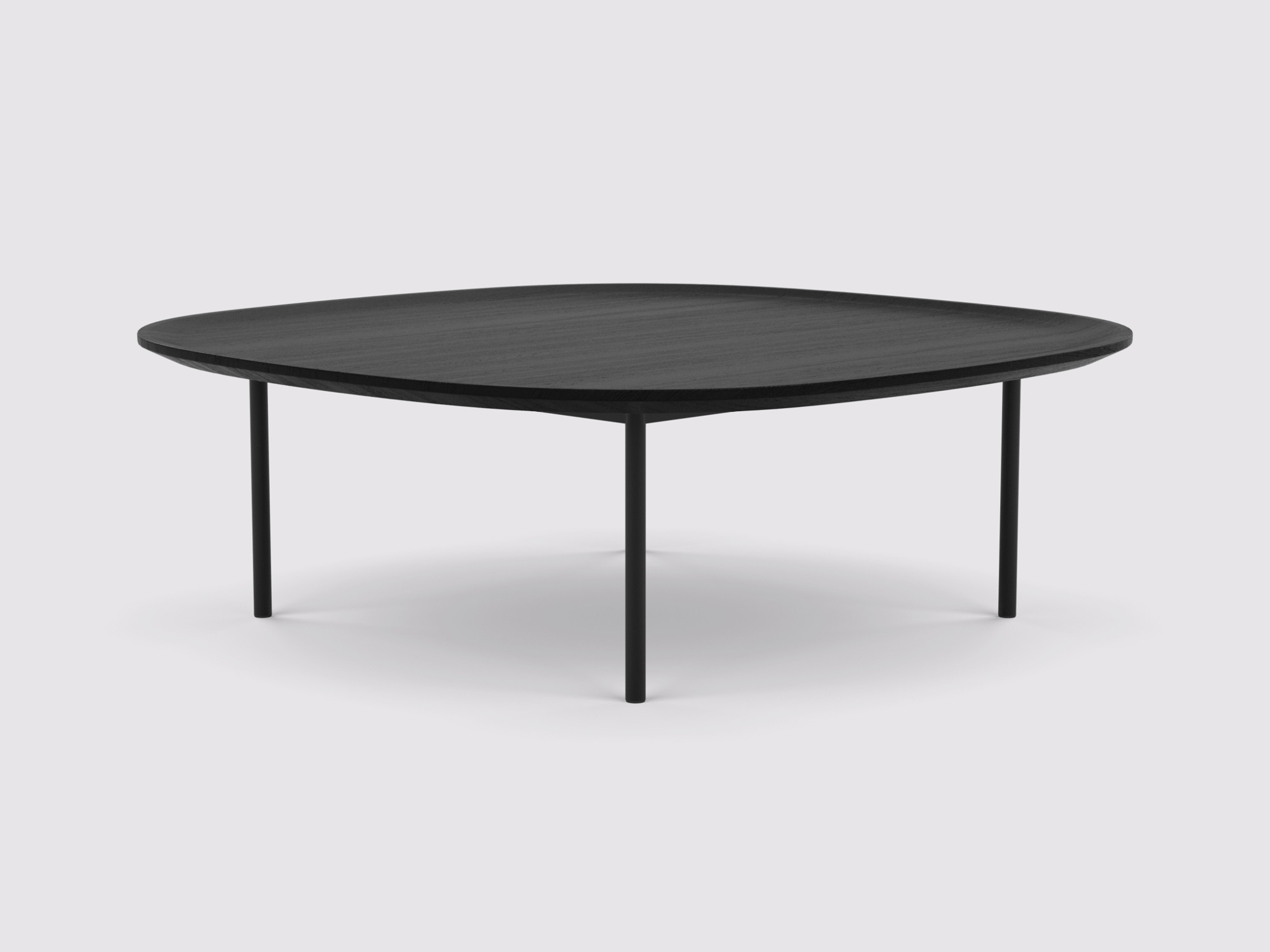 Black oak top square coffee table with black legs front angle view