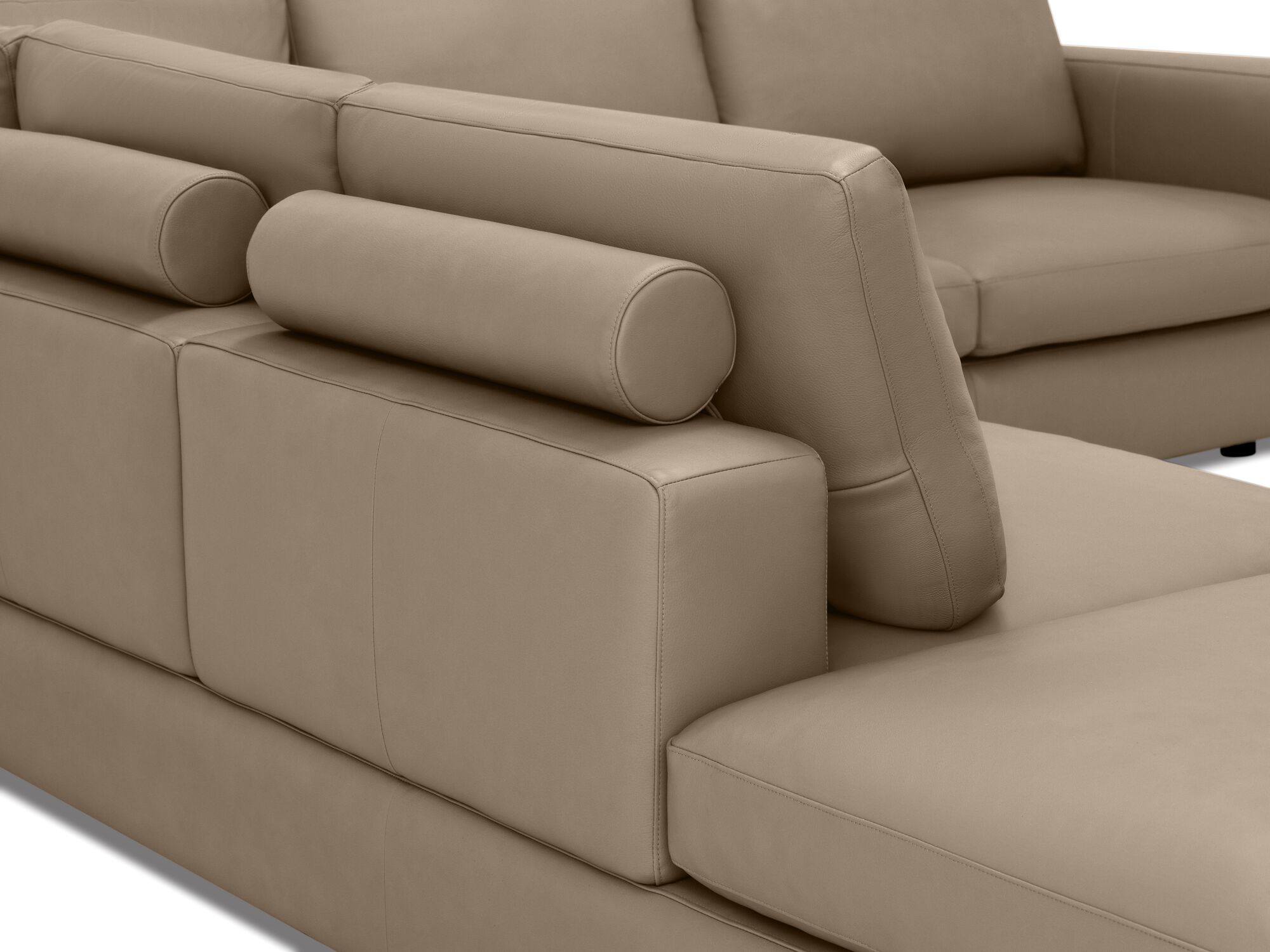 Back right detail view of taupe leather sectional sofa