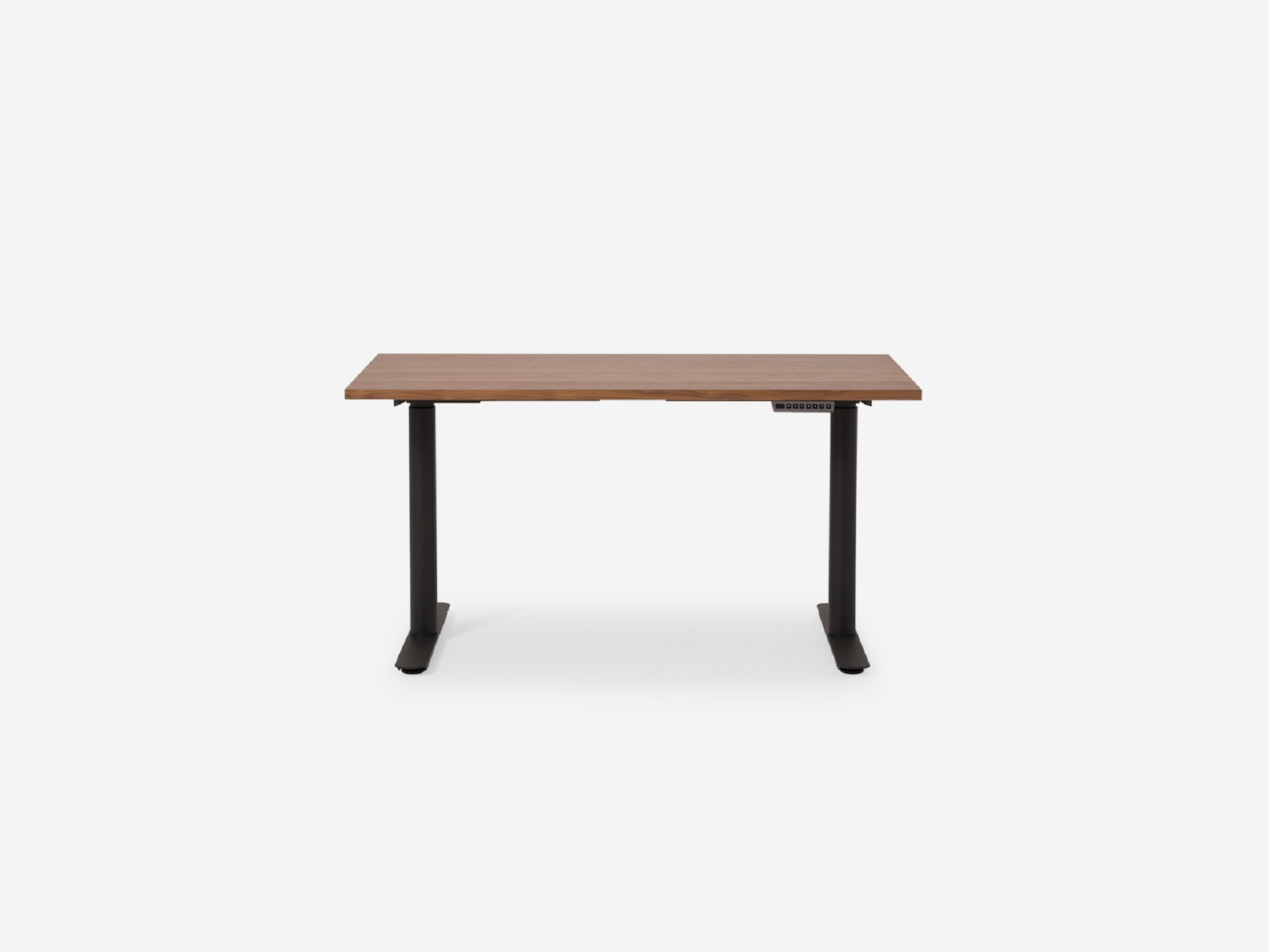 Walnut and charcoal standing desk in low position