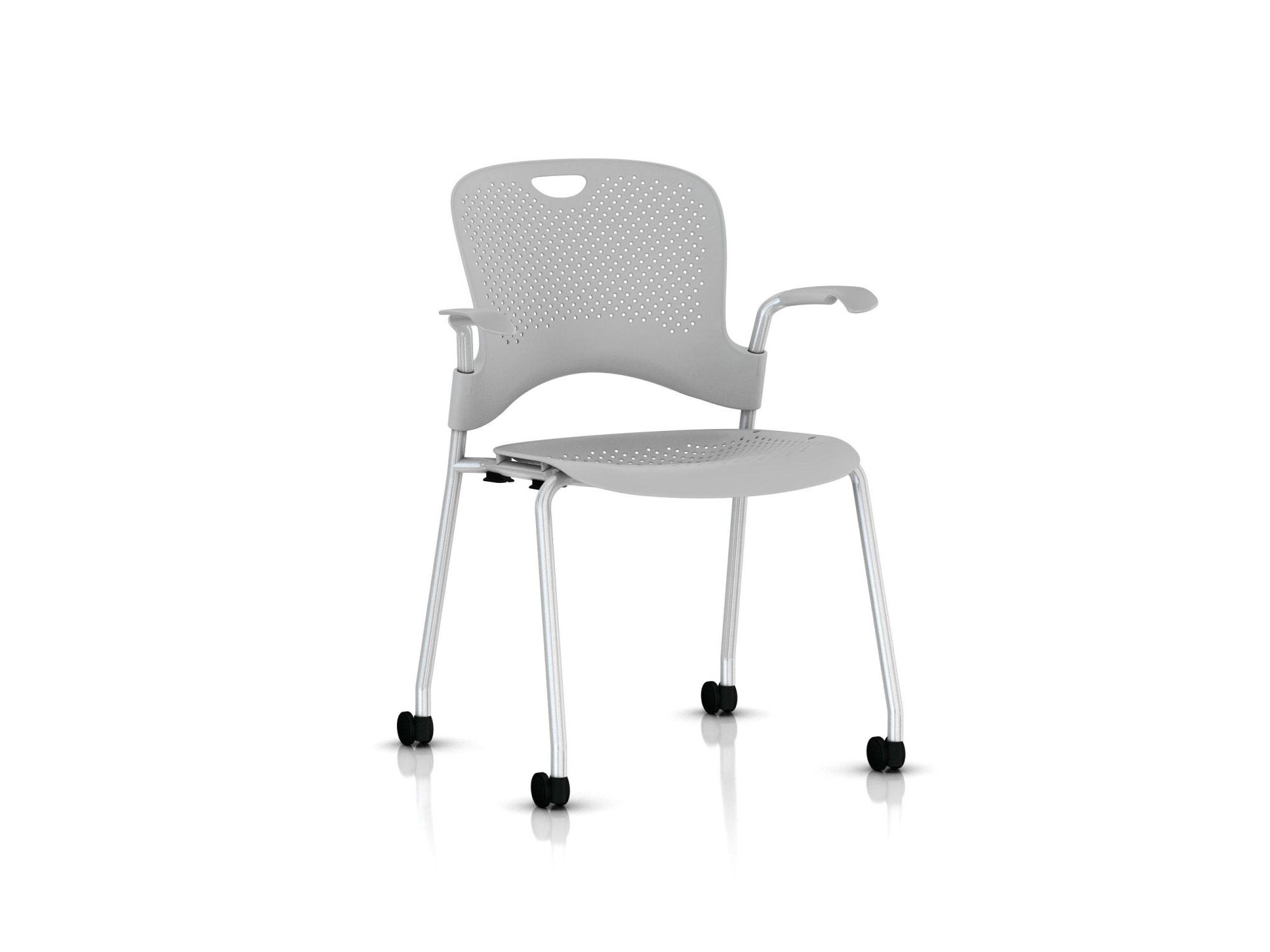 White stackable hard floor or carpet caster armchair front angle view