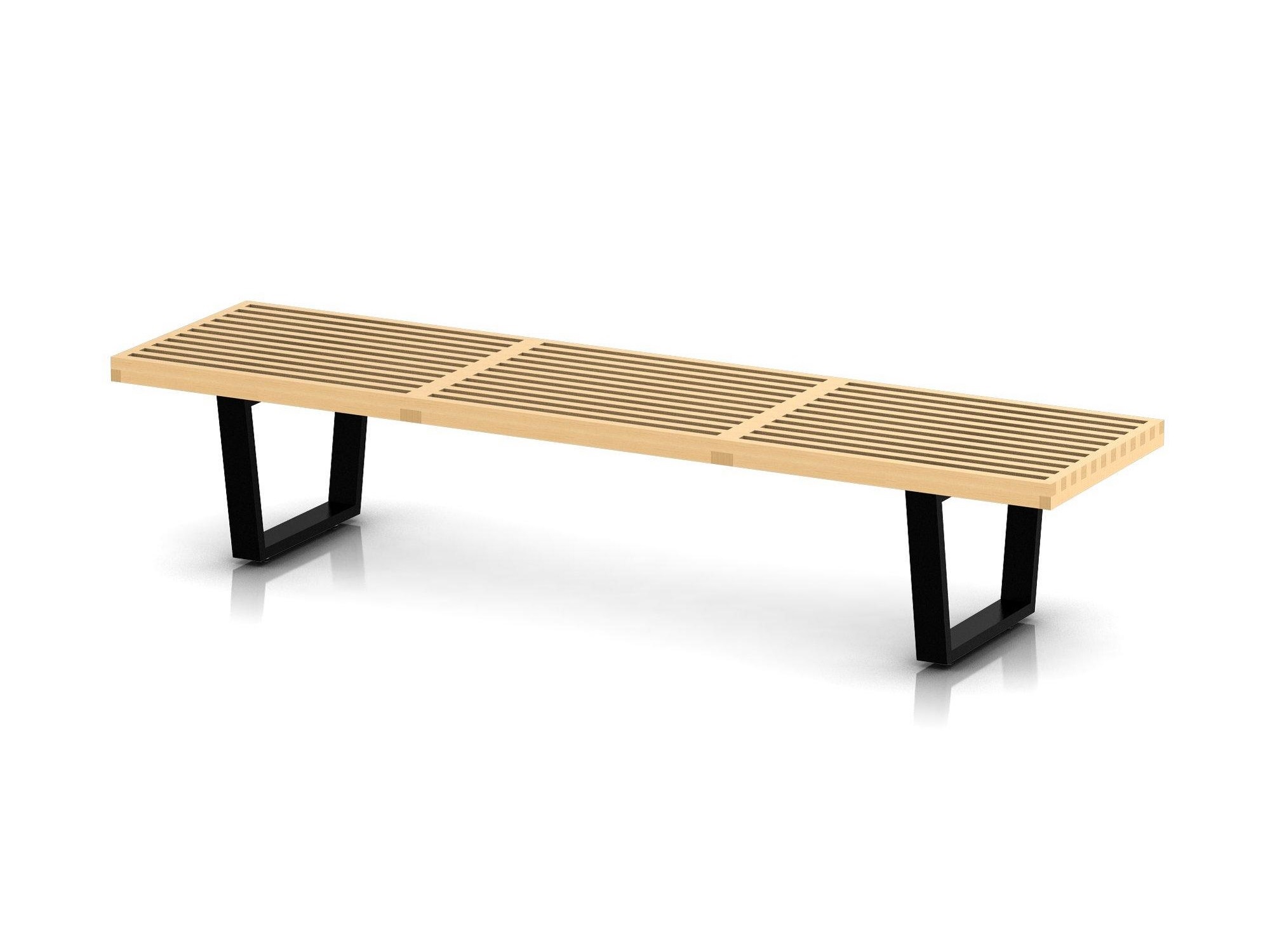 Right angle view of large maple bench with wood legs