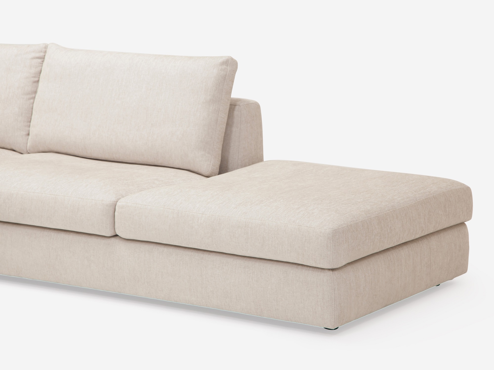 Detail view of the Cello modern sectional couch in white fabric chaise with right hand backless chaise