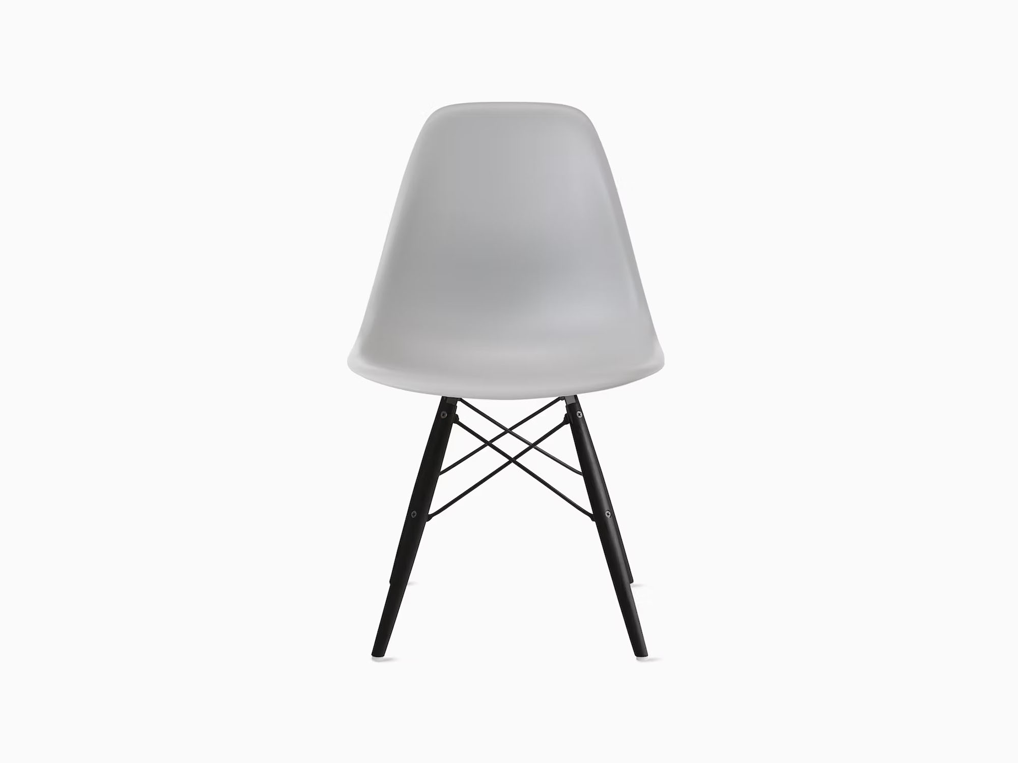 Front view of light grey plastic chair with ebony dowels