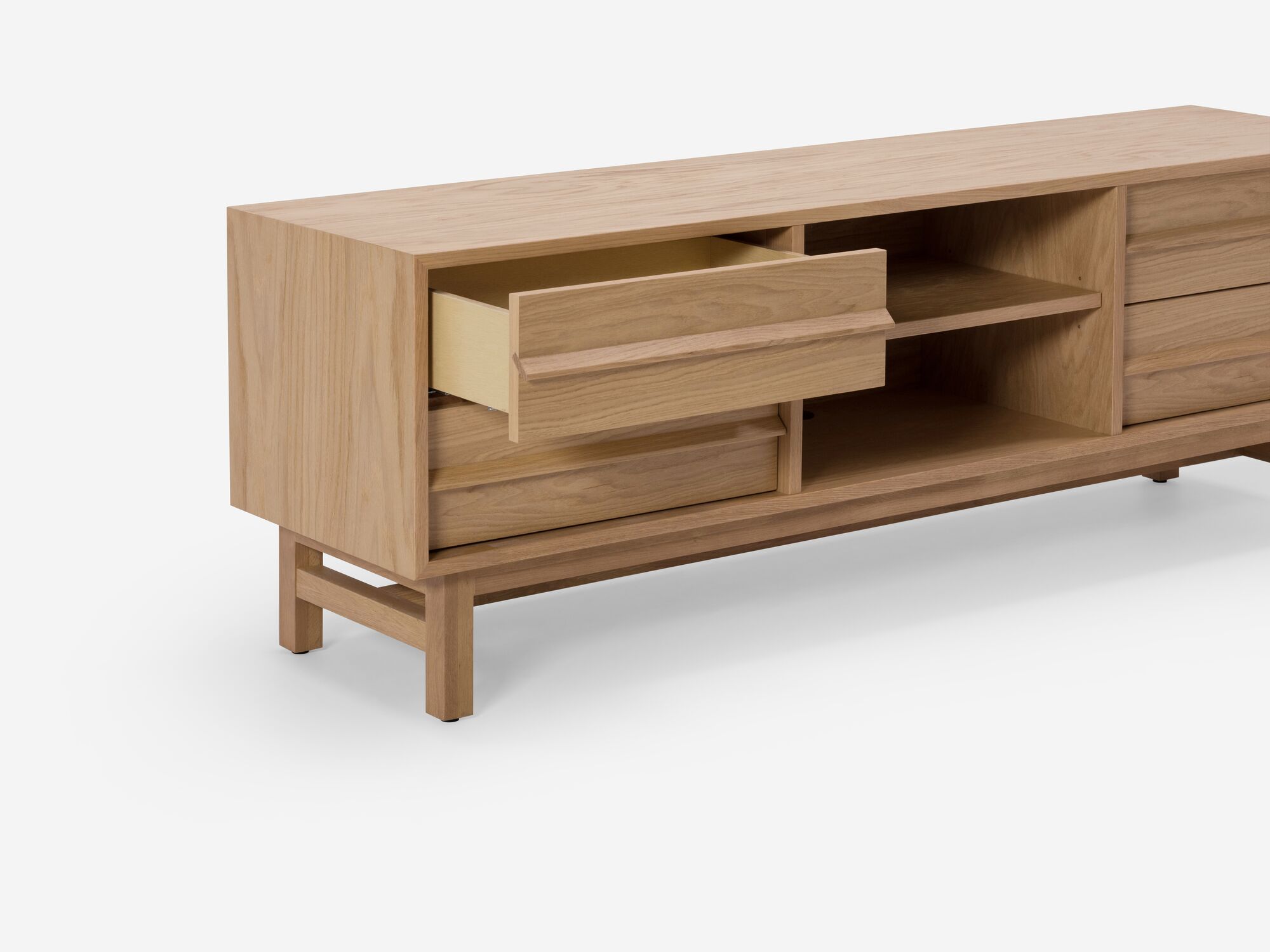 Small oak media unit top drawer detail view