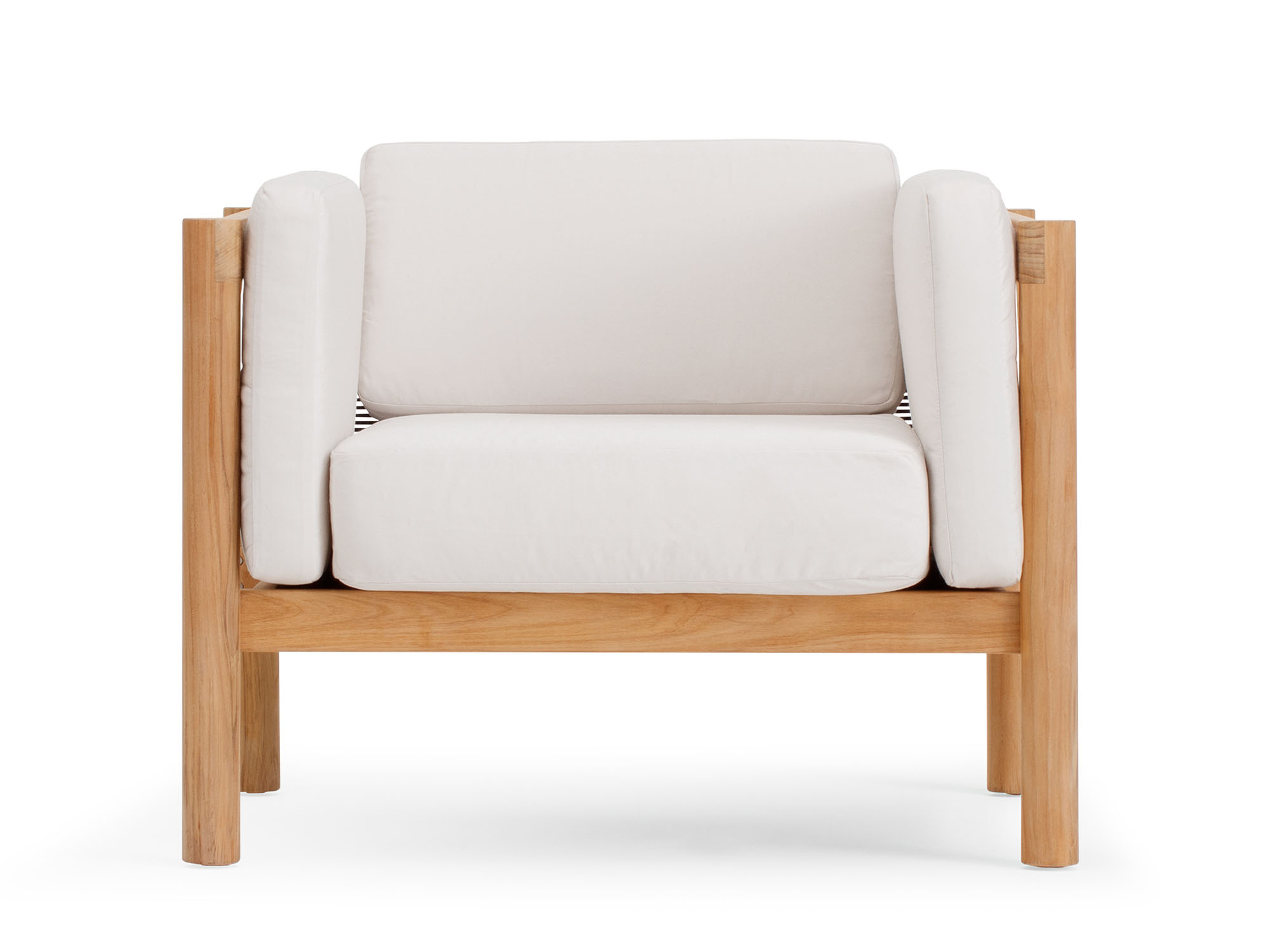 Front view of outdoor armchair with white cushions and wood legs