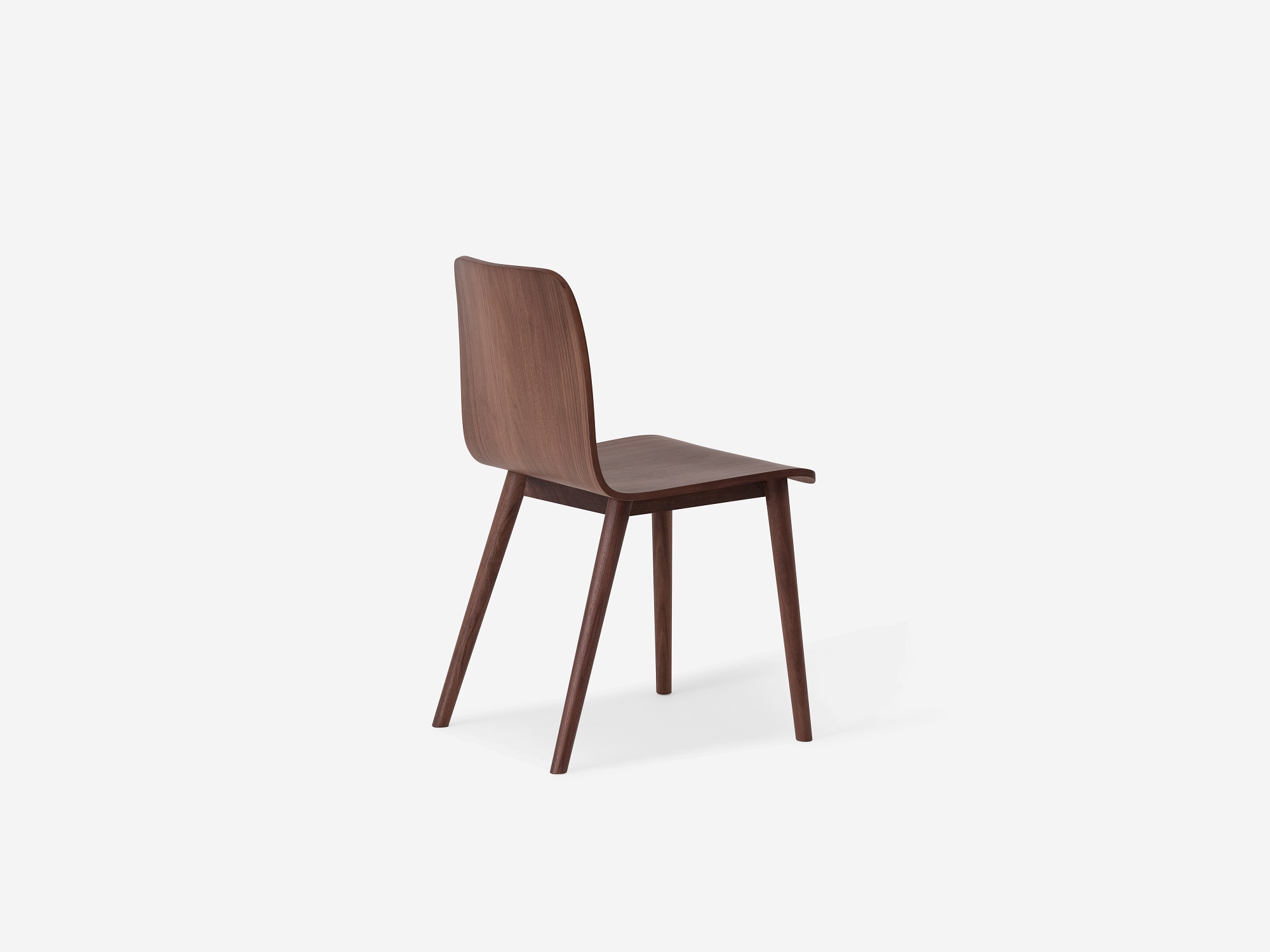 Back angled view of the Tami mid century dining chair in walnut