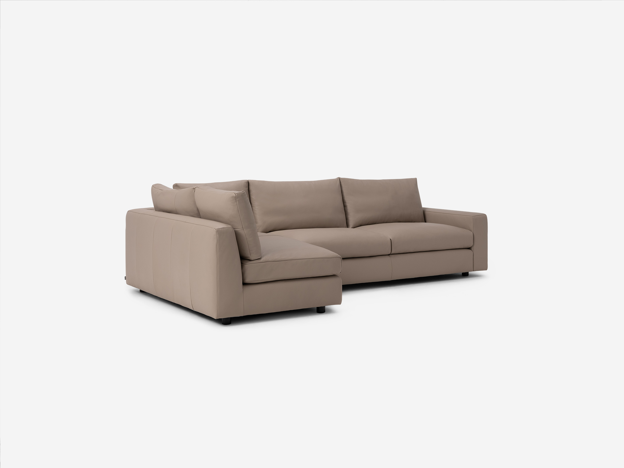 Angled view of the Cello Plush sectional in grey leather with left hand full arm chaise