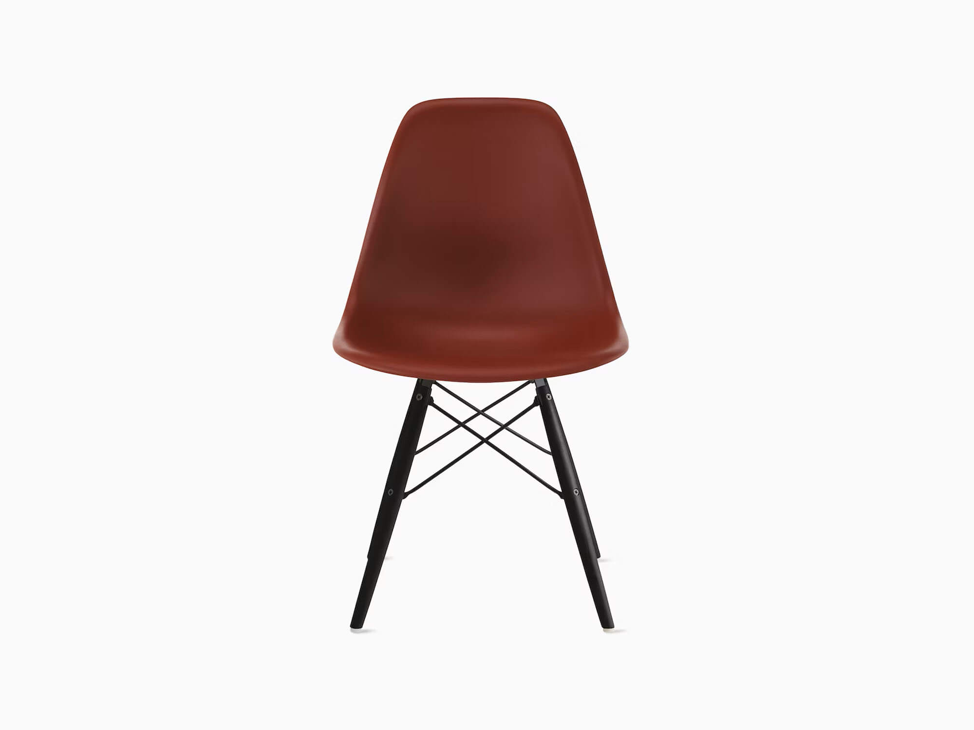 Front view of brown plastic chair with ebony dowels