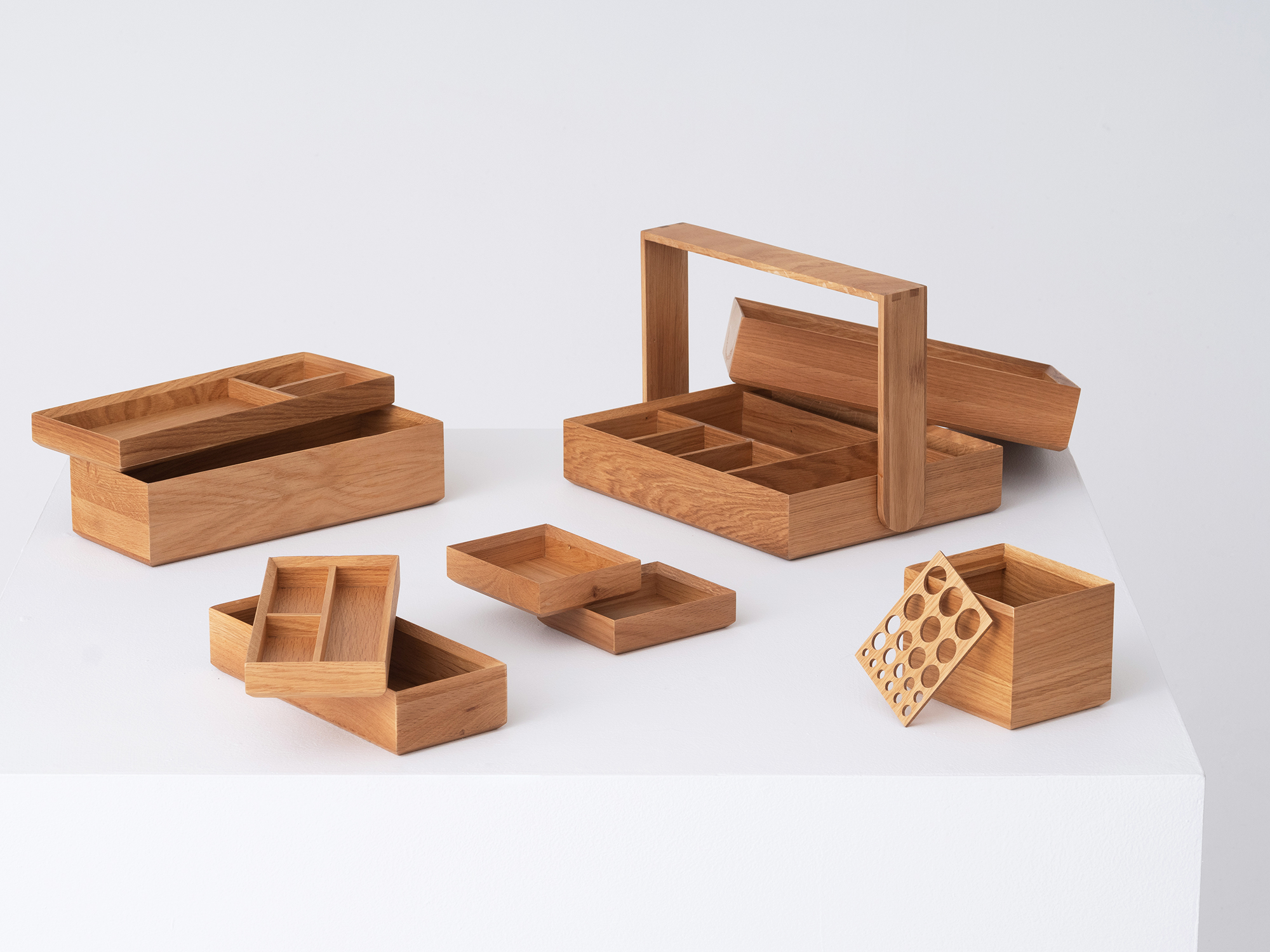 The entire Draft wooden office organizer collection unstacked