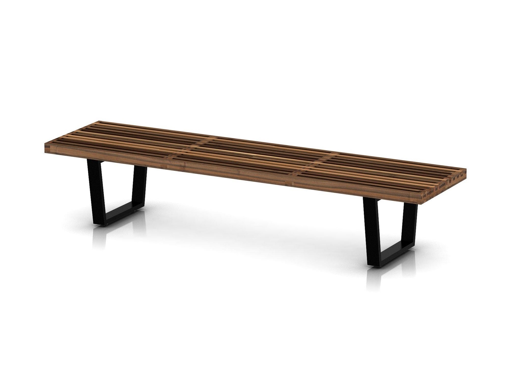 Right angle view of large walnut bench with wood legs