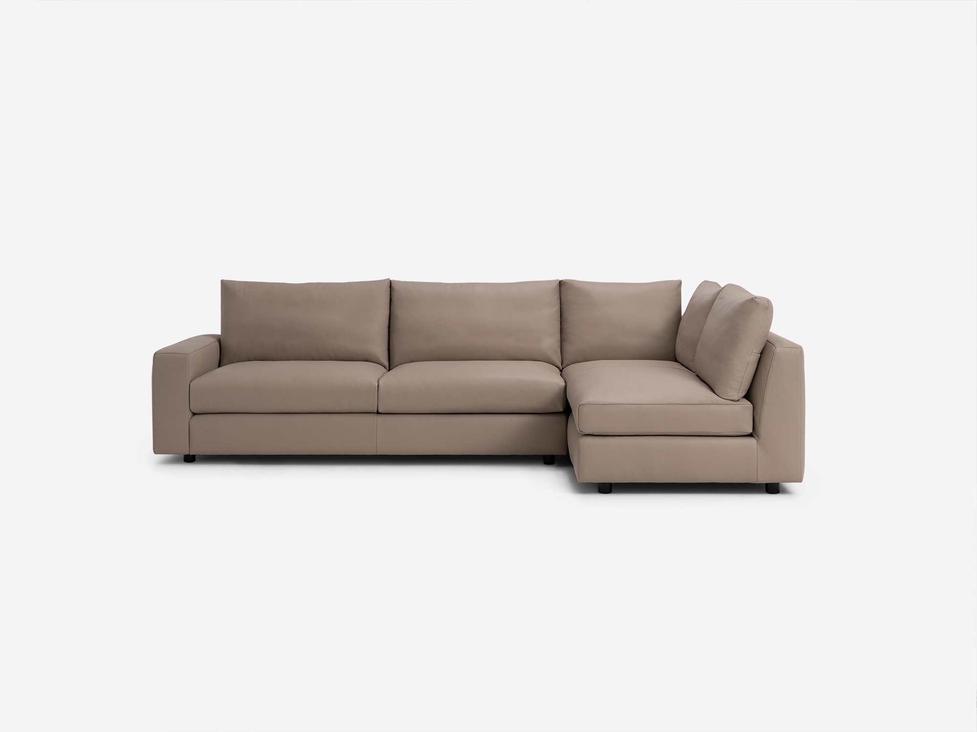 Front view of the Cello Plush sectional in grey leather with right hand full arm chaise