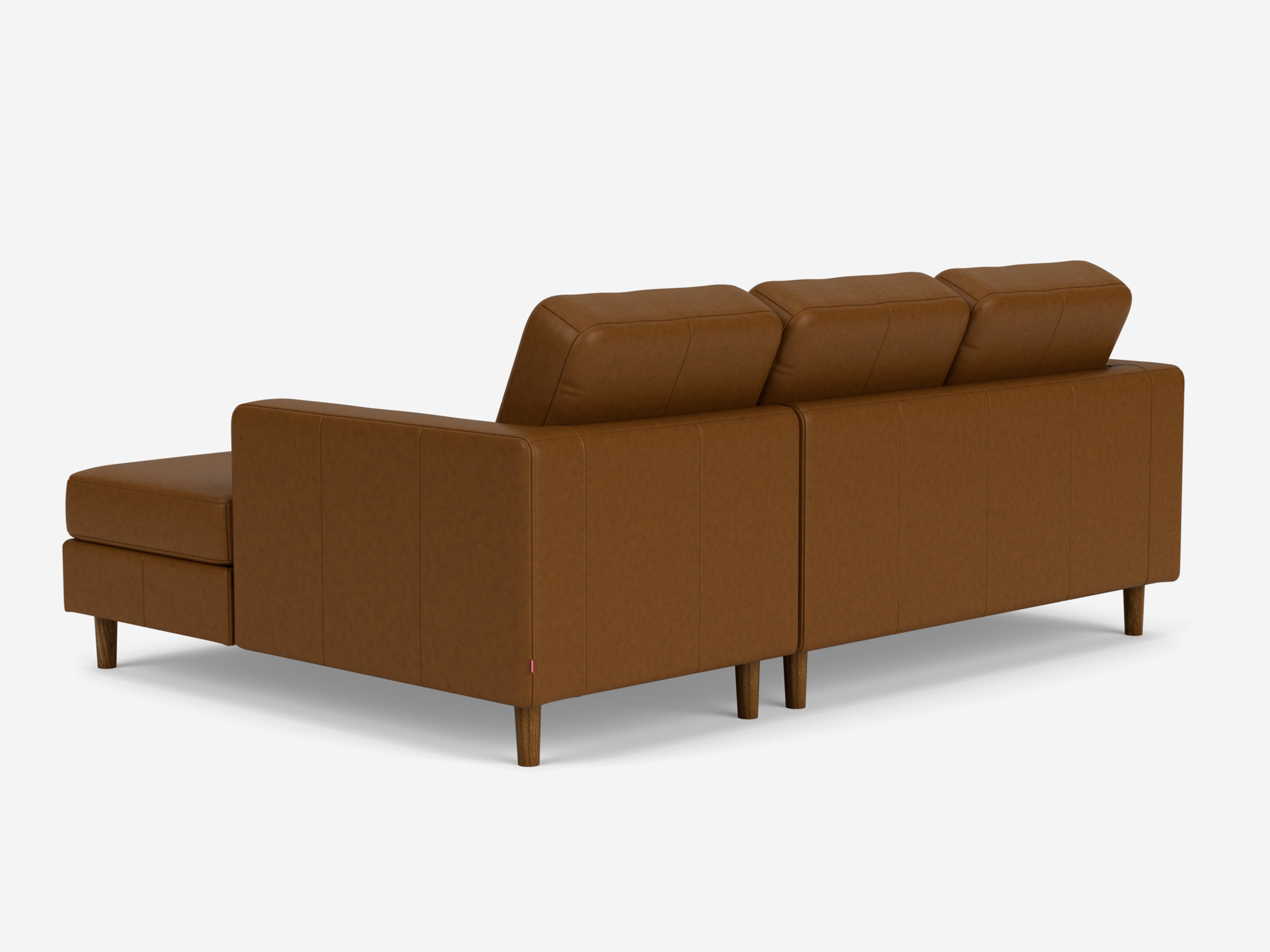 back angled view of the Solo l shape sofa in brown leather right hand facing chaise