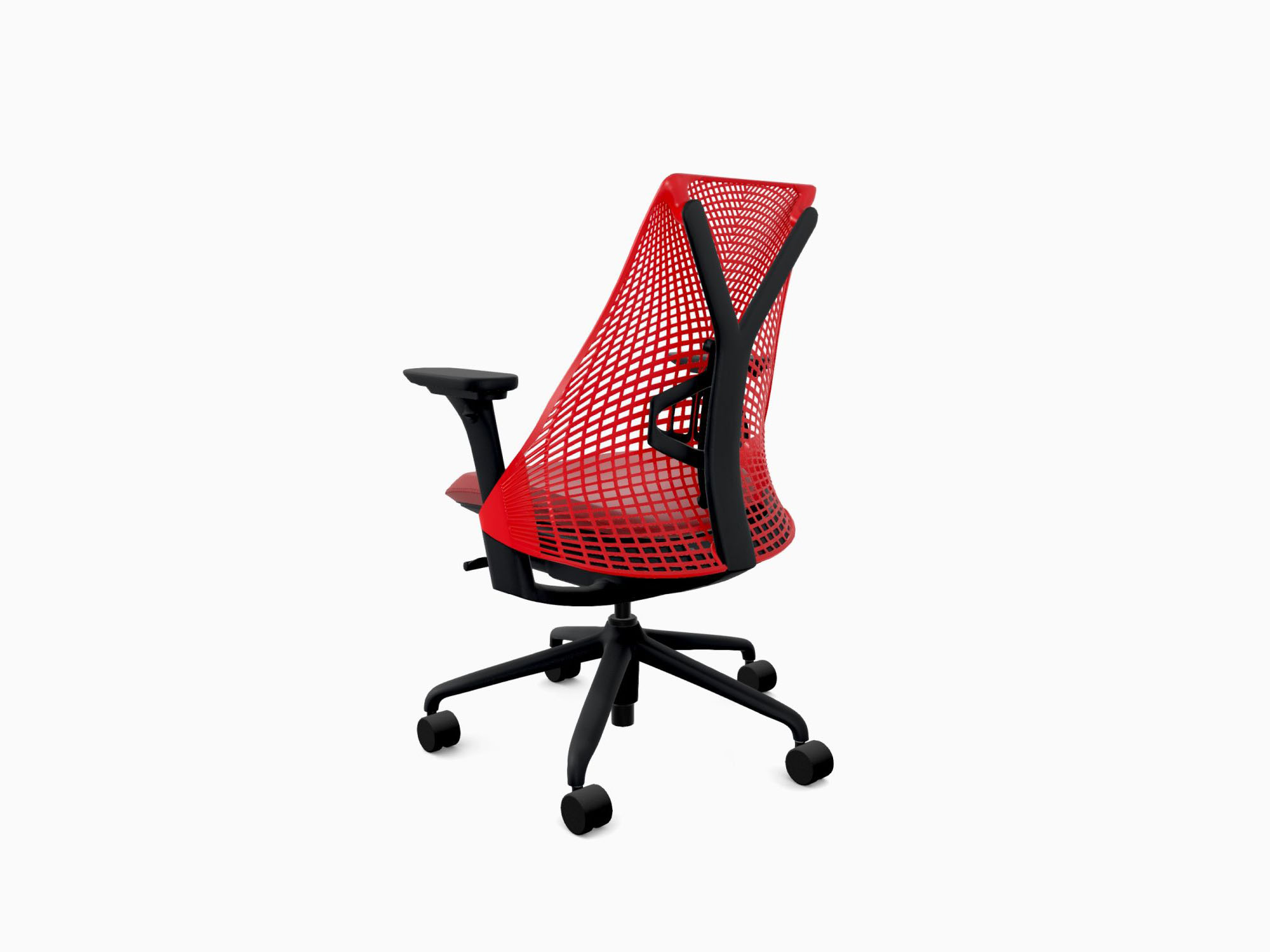 Herman Miller office chair with black base in crepe cherry back angle view