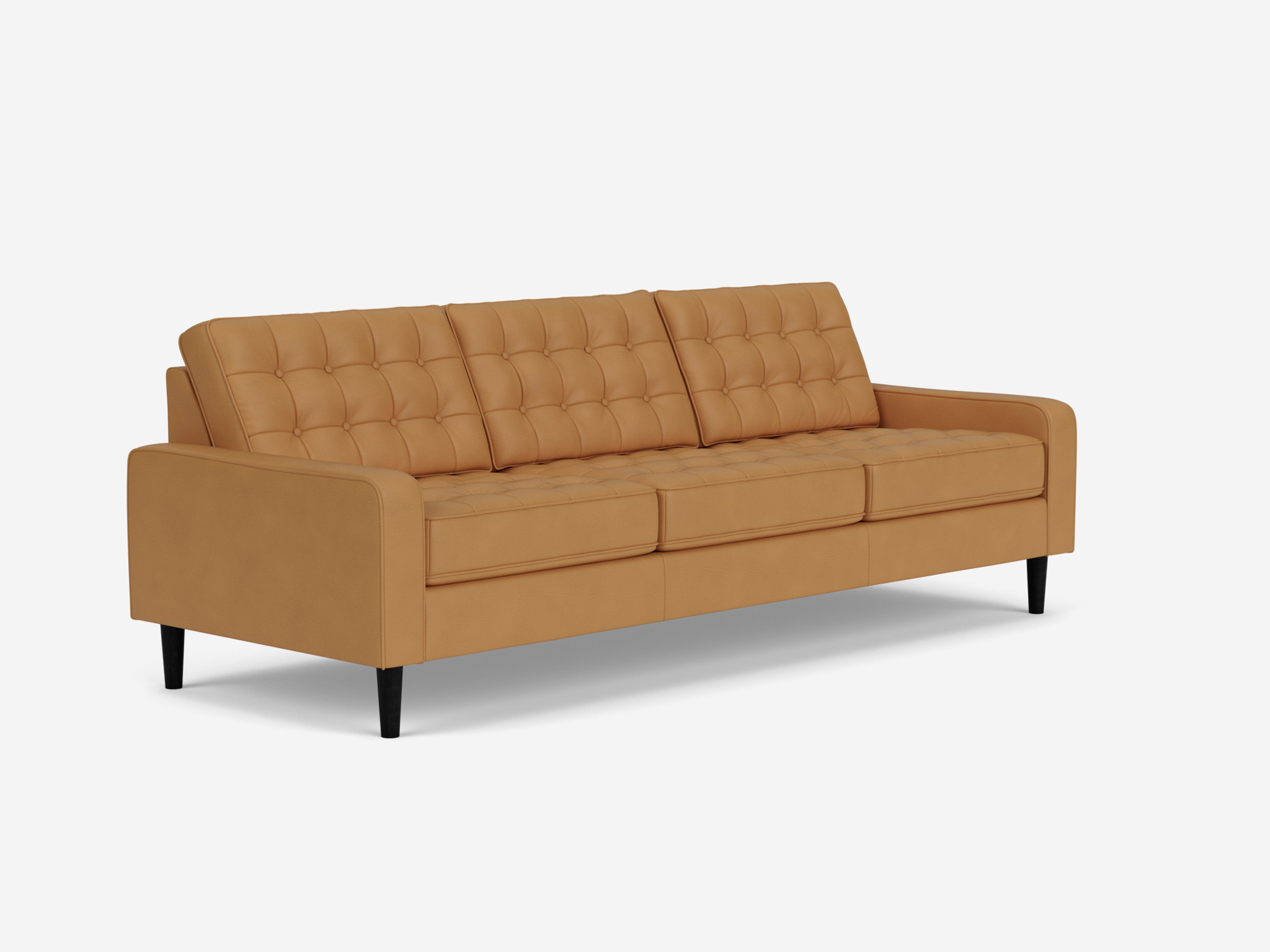 Corner view of our mid century modern sofa, the Reverie 92", upholstered in light brown leather