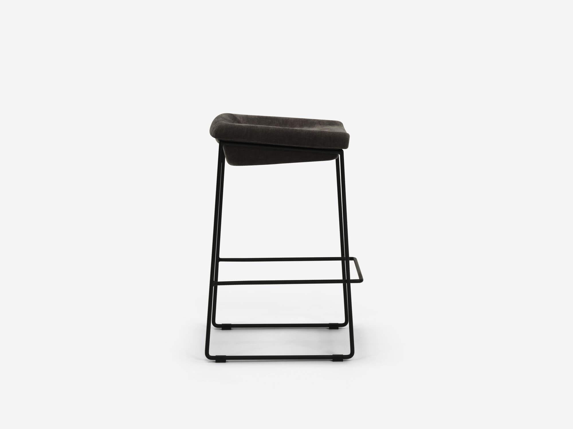 Side view of counter stool with black seat and black legs