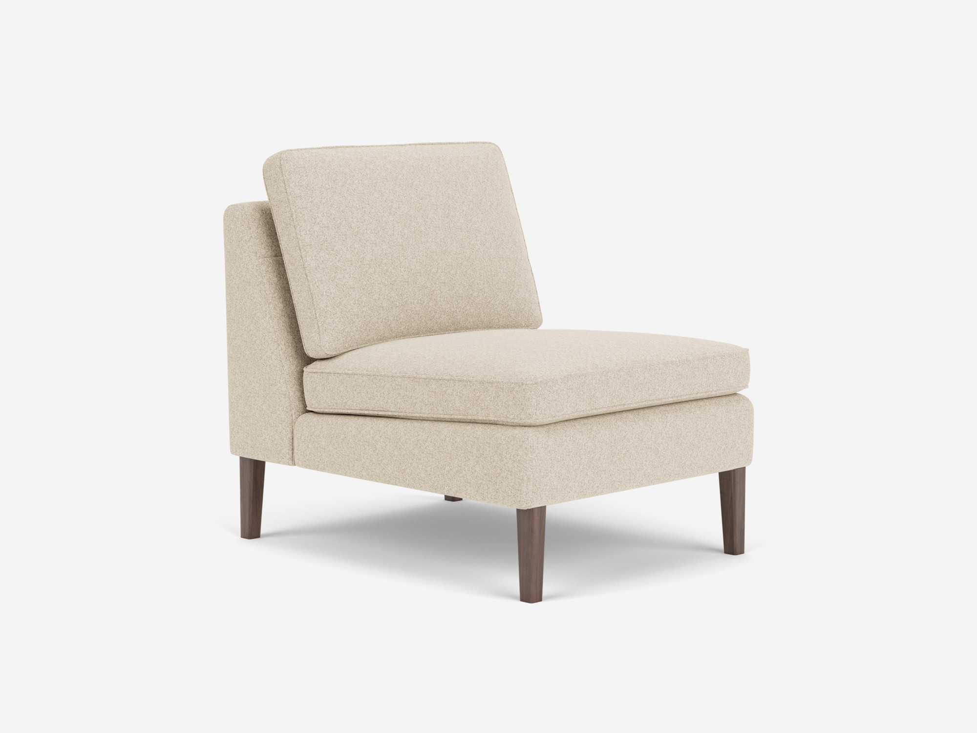 Front angled view of the Skye mid century modern armless chair in beige fabric