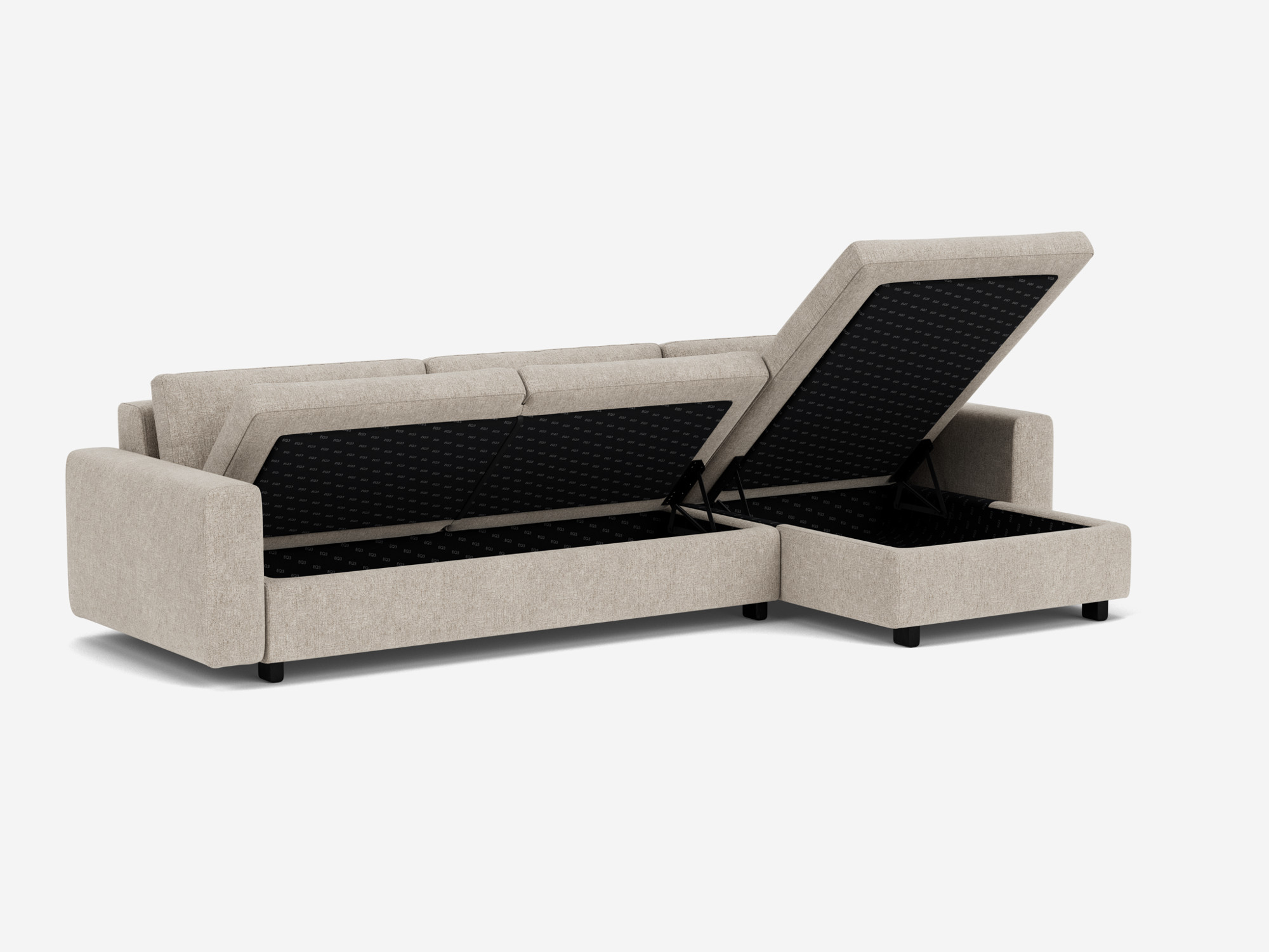 Angled front view of the beige fabric Reva modern sectional opened with right hand facing chaise