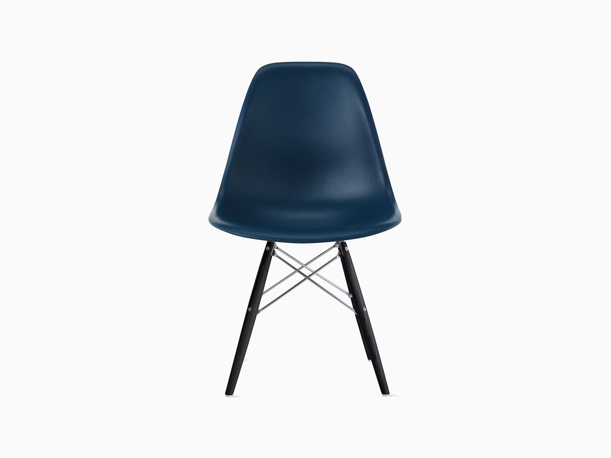 Front view of dark blue plastic chair with black dowels