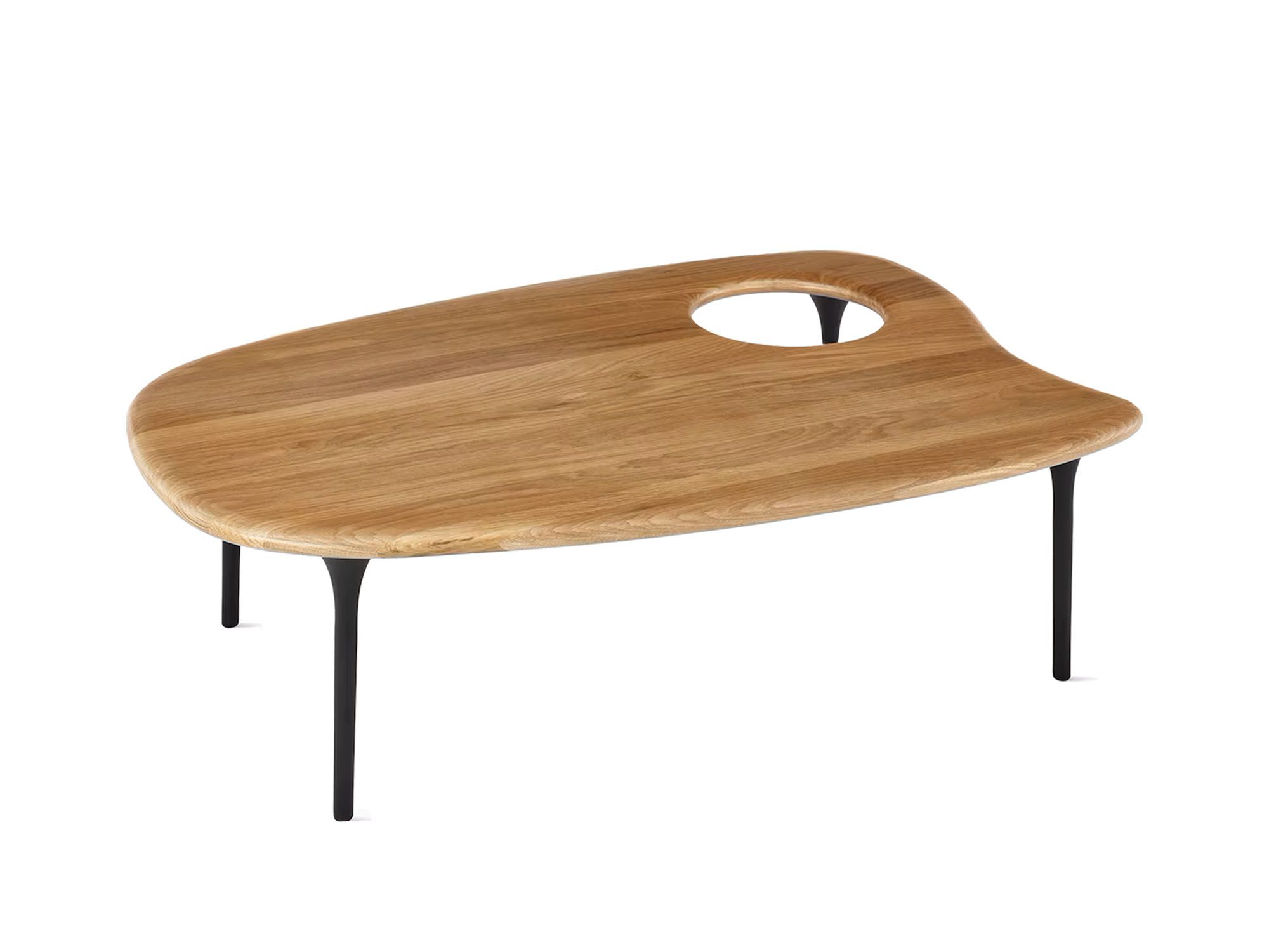 Front angle view of low oak topped accent table