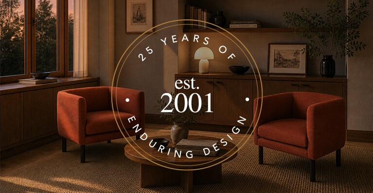 2 organge fabric chairs are shown in an office setting. small graphic shows 25 years of Eq3. Link to Canadian made