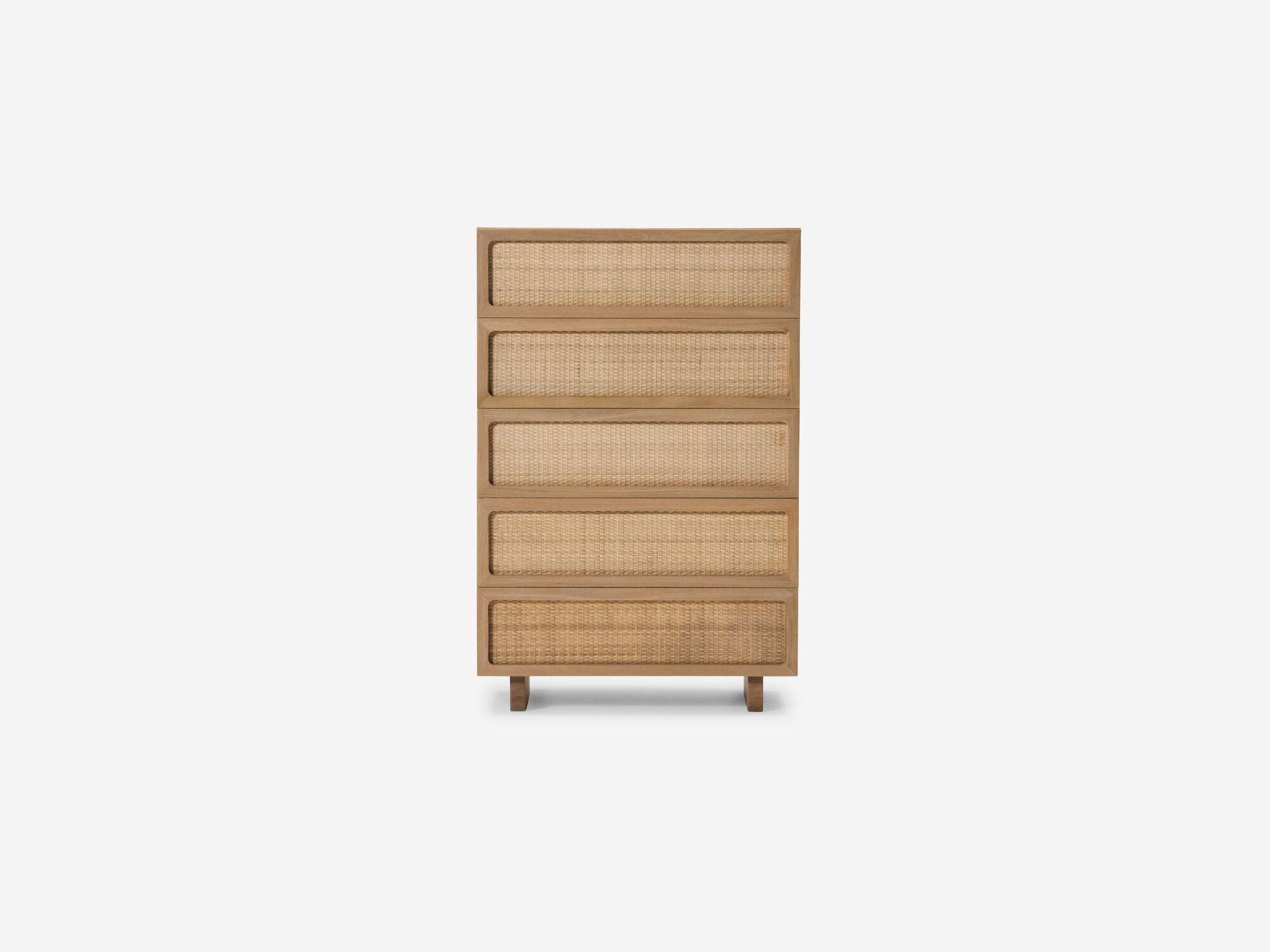 Front view of oak chest with woven drawer fronts