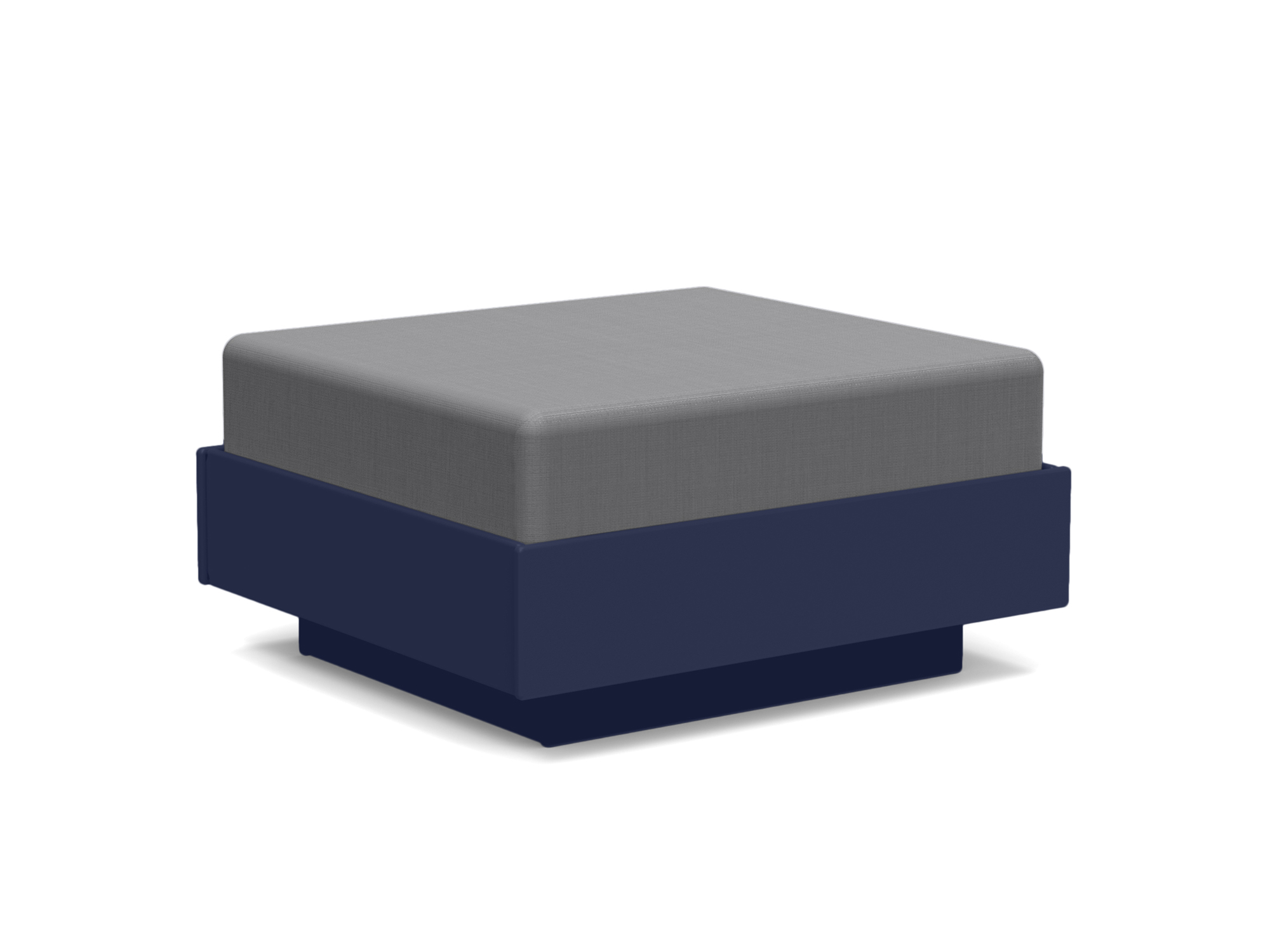 Vue d'angle avant du pouf d'extérieur bleu foncé et gris foncé