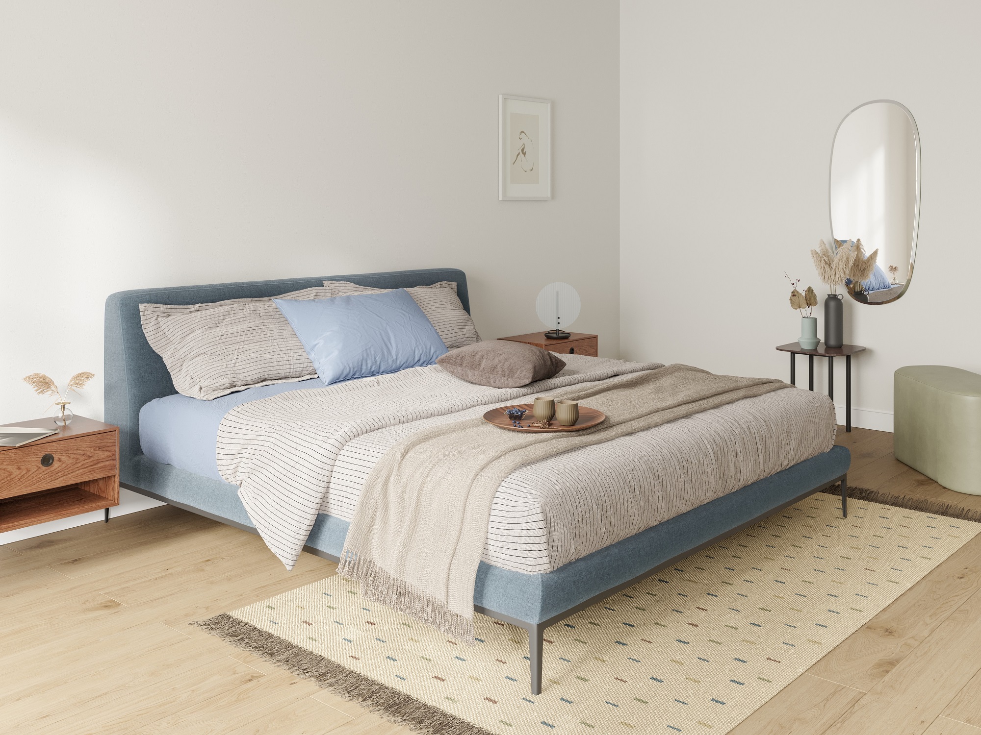 Pale blue upholstered bed in modern bedroom