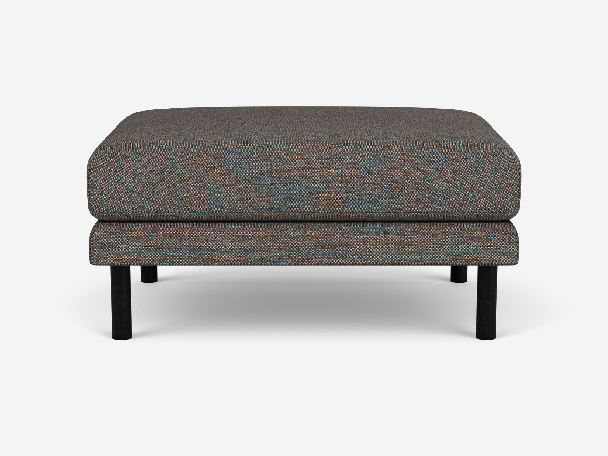 Front view of the Replay modern ottoman in gray fabric