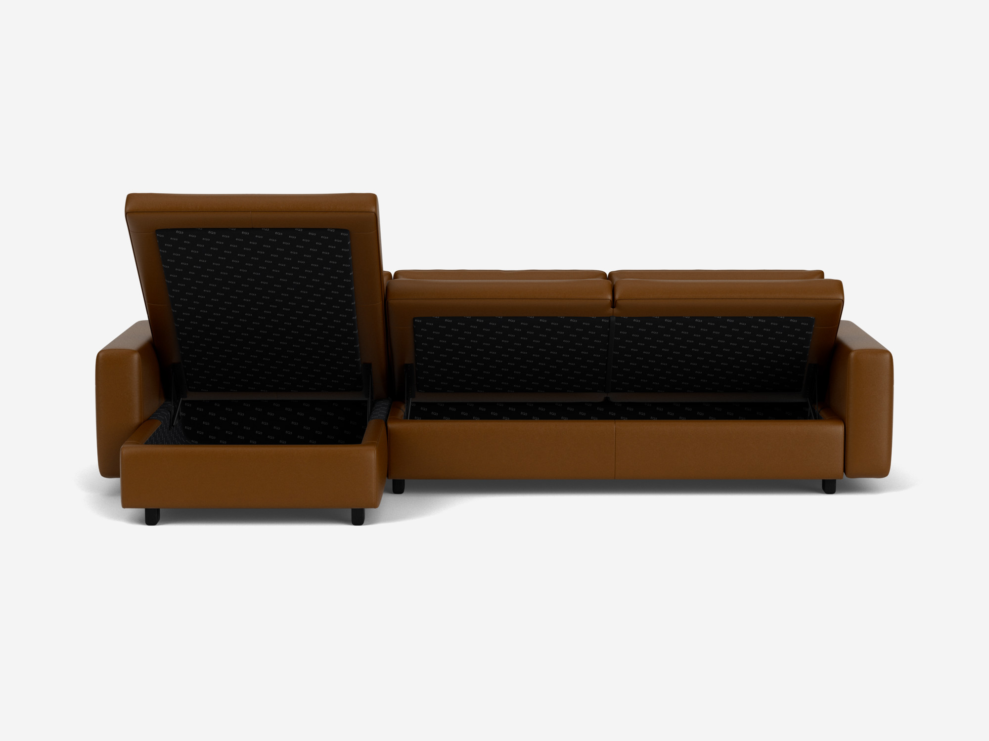 Front view of the brown leather Reva modern sectional opened with left hand facing chaise