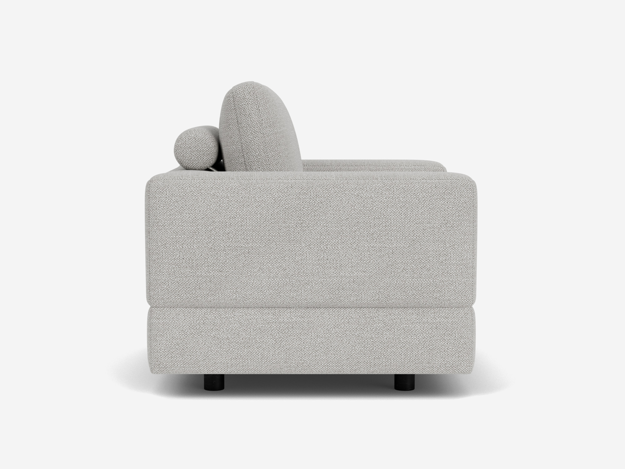Left side view of grey armchair