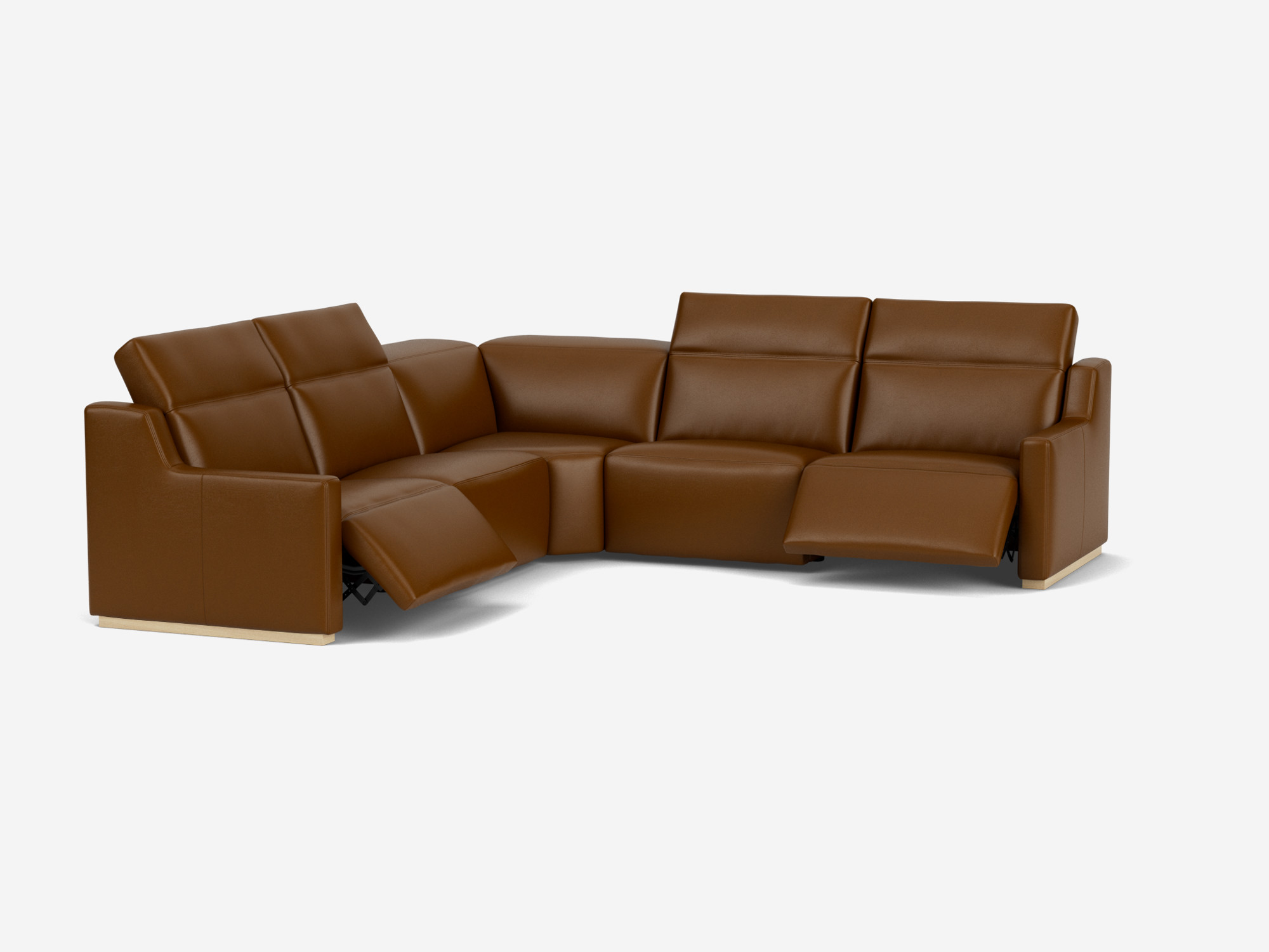 Front angle view of brown leather reclining sectional sofa