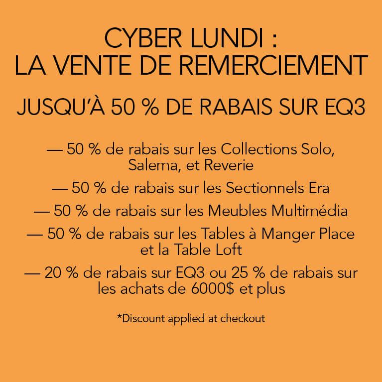Conditions de la vente sont affichées sur un fond orange. Lien vers les soldes du cyber lundi