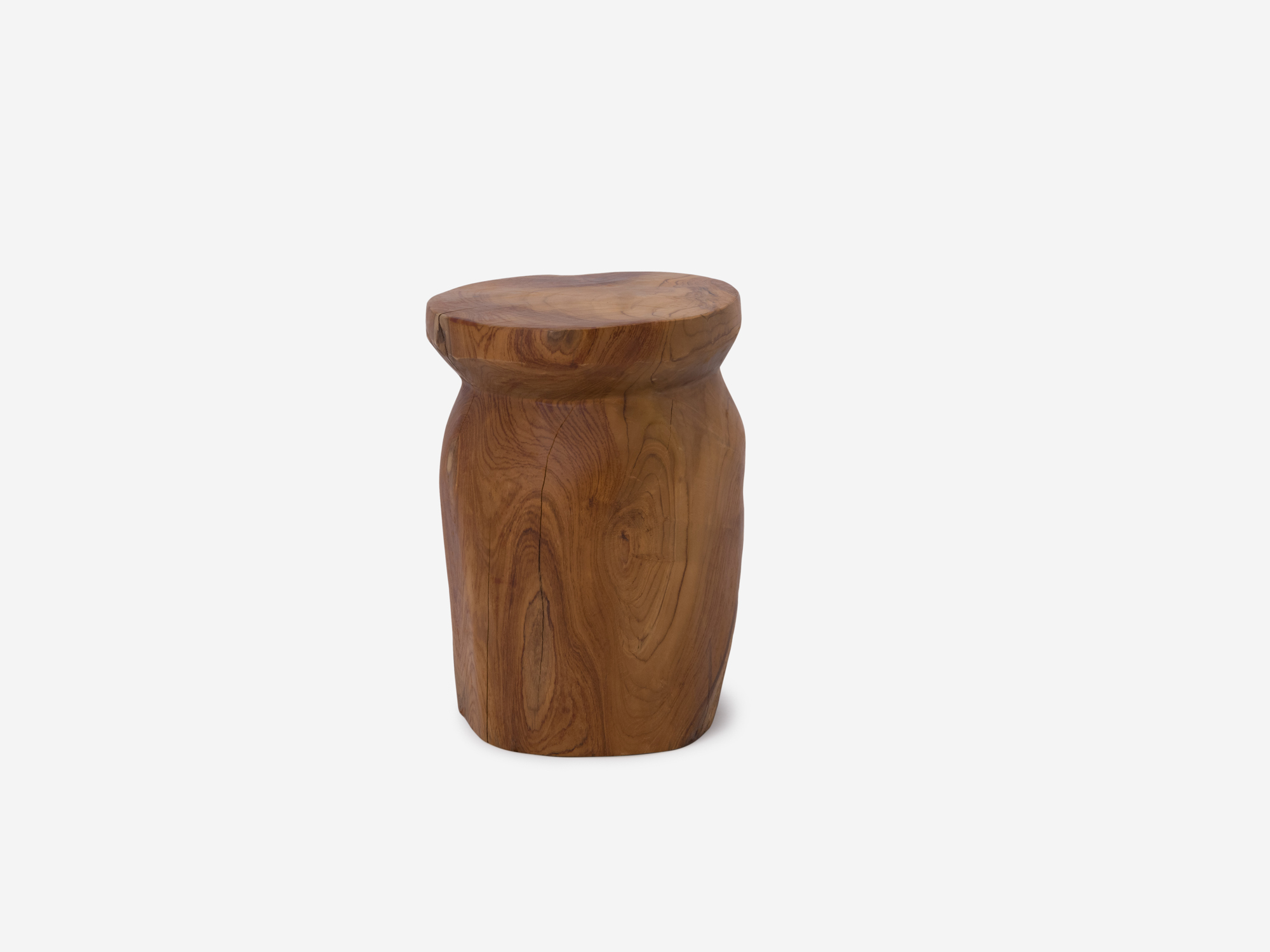 Front angle view of round solid teak stool