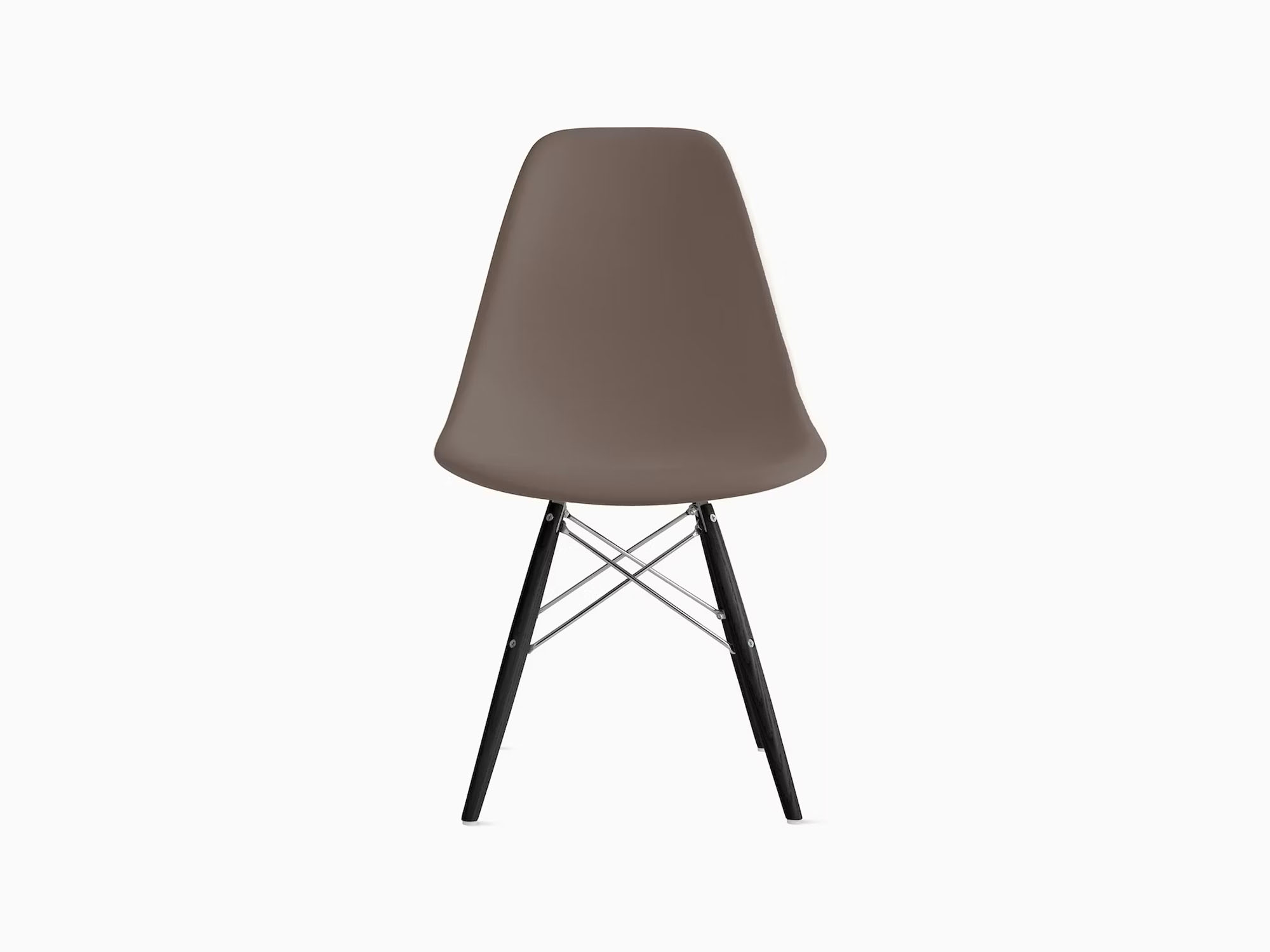 Front view of taupe plastic chair with black dowels