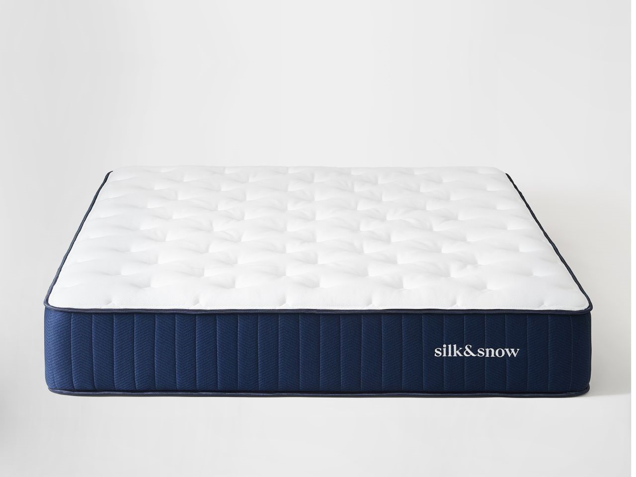 Hybrid firm mattress with blue sides and white top front view