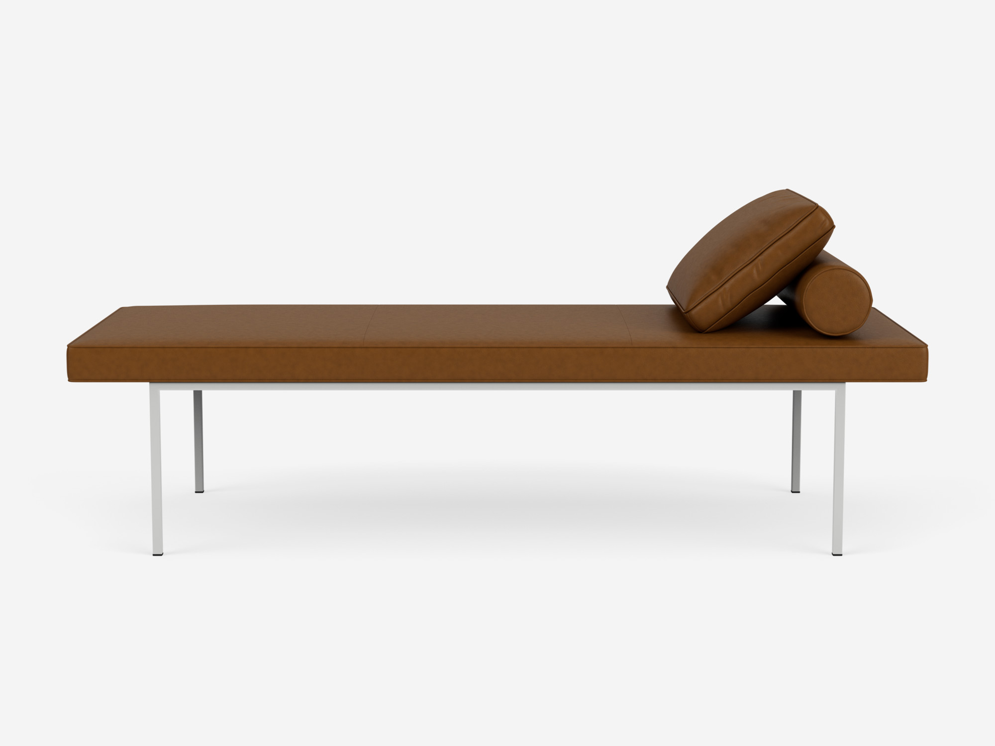 Side view of the Bank upholstered dining bench in dark brown leather with cushions