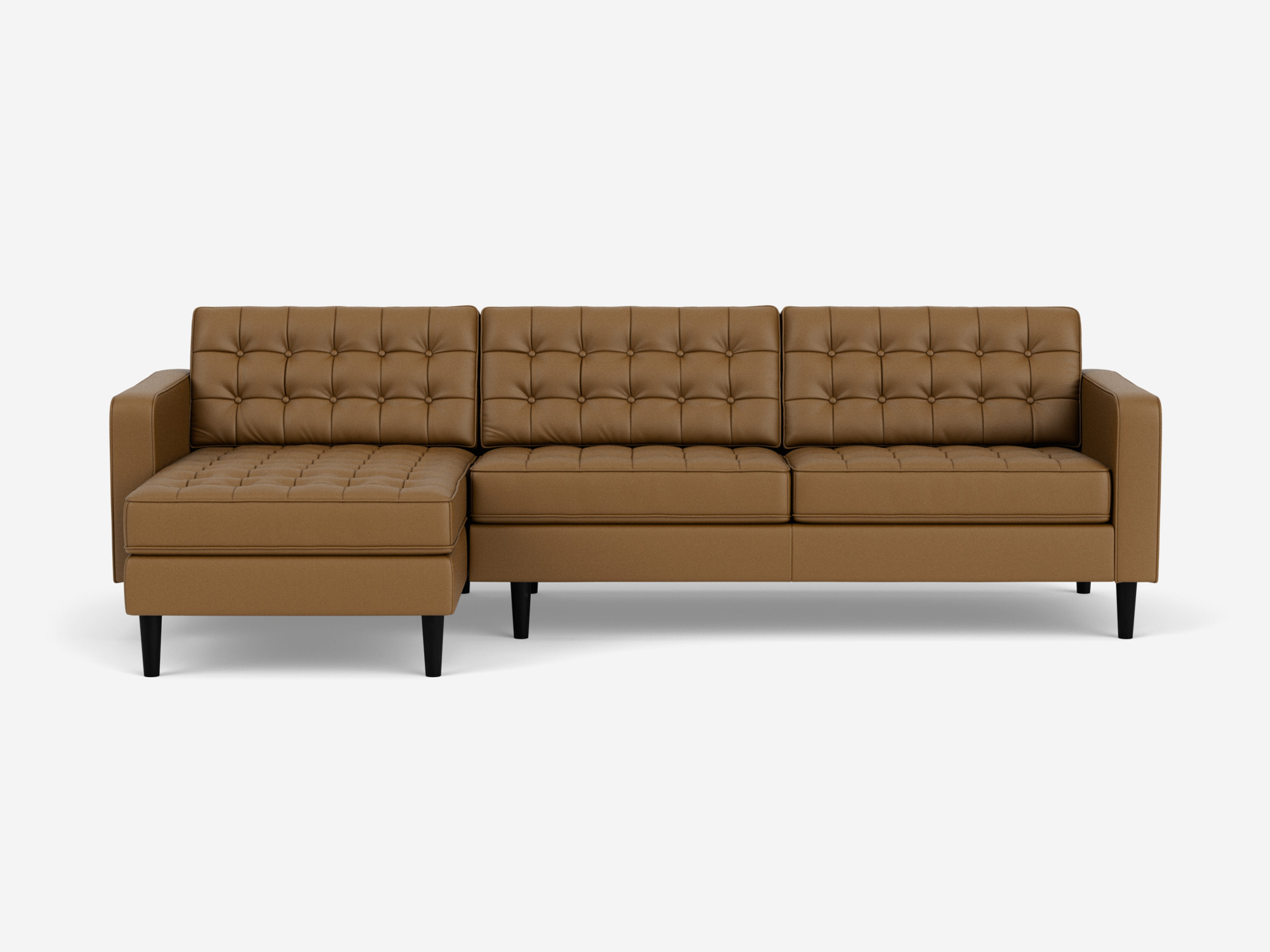 Front view of the  Reverie modern sectional sleeper couch in brown leather with left hand facing chaise