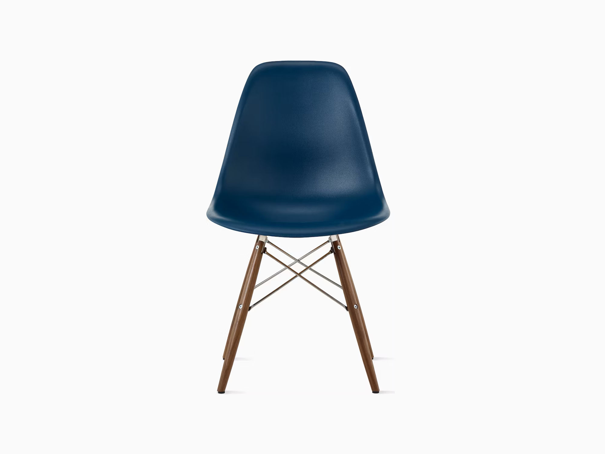 Front view of dark blue chair with walnut dowels