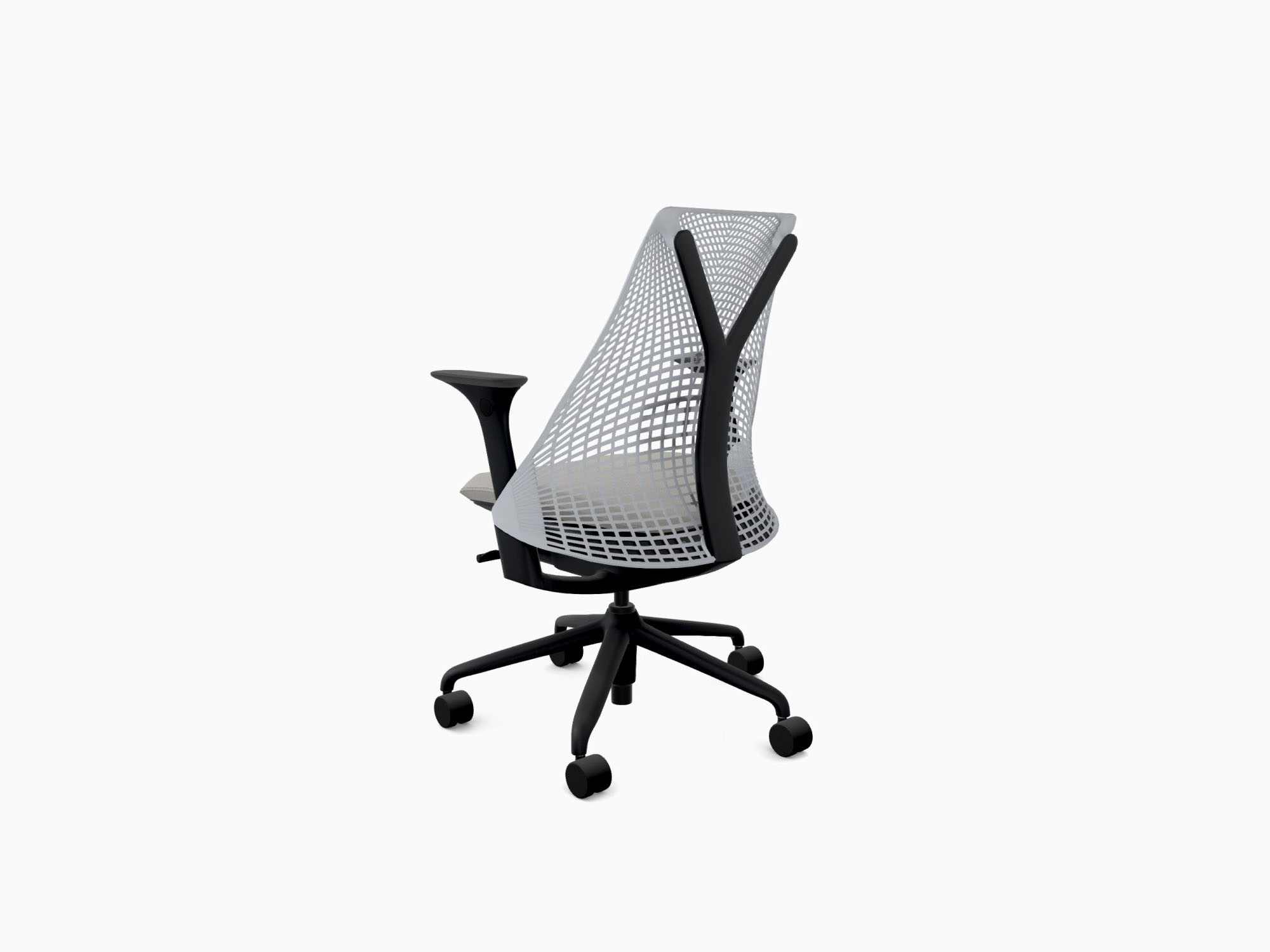 Herman Miller office chair with black base in crepe fog back angle view