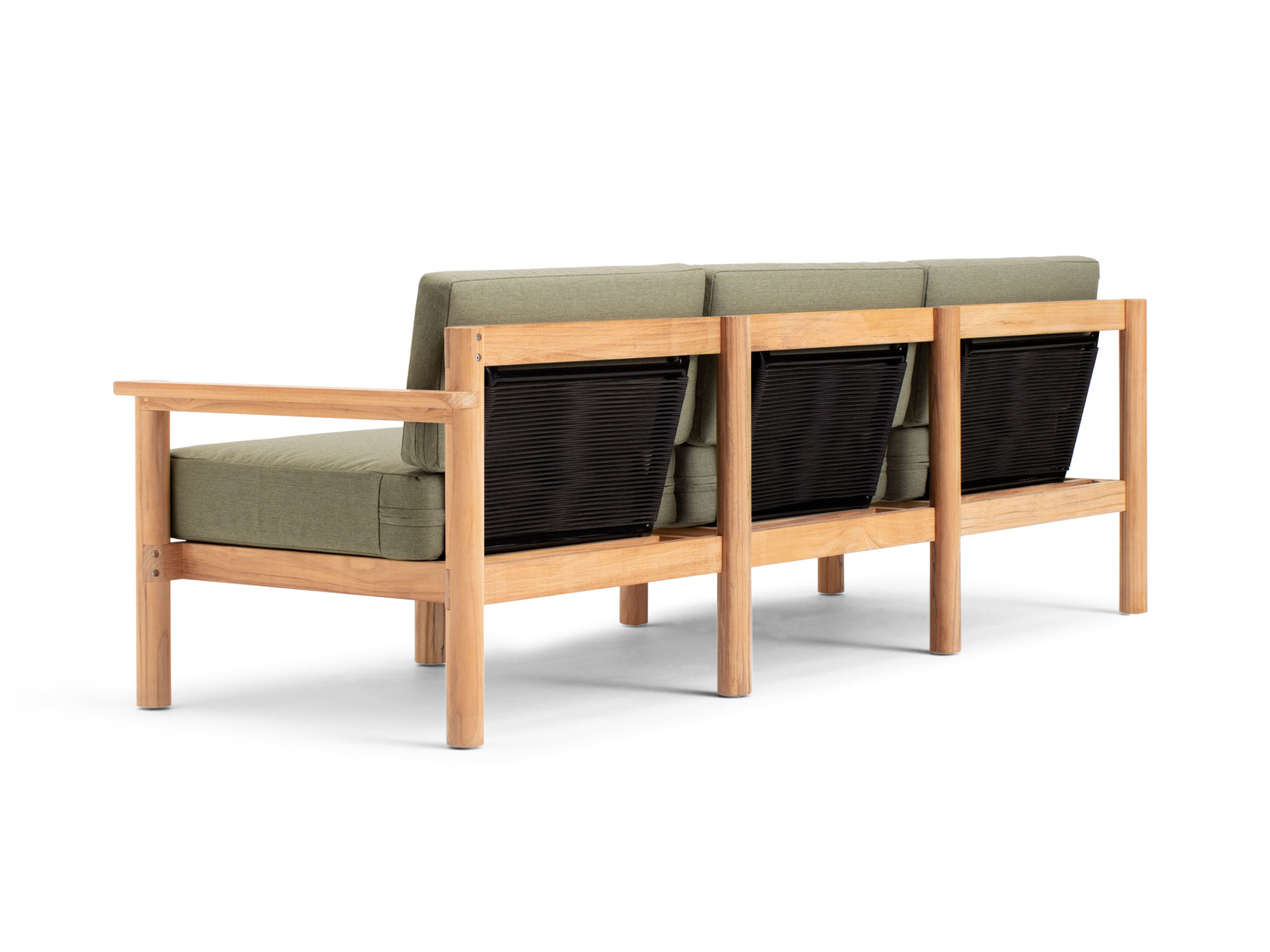 Back angle view of outdoor sofa with green cushions