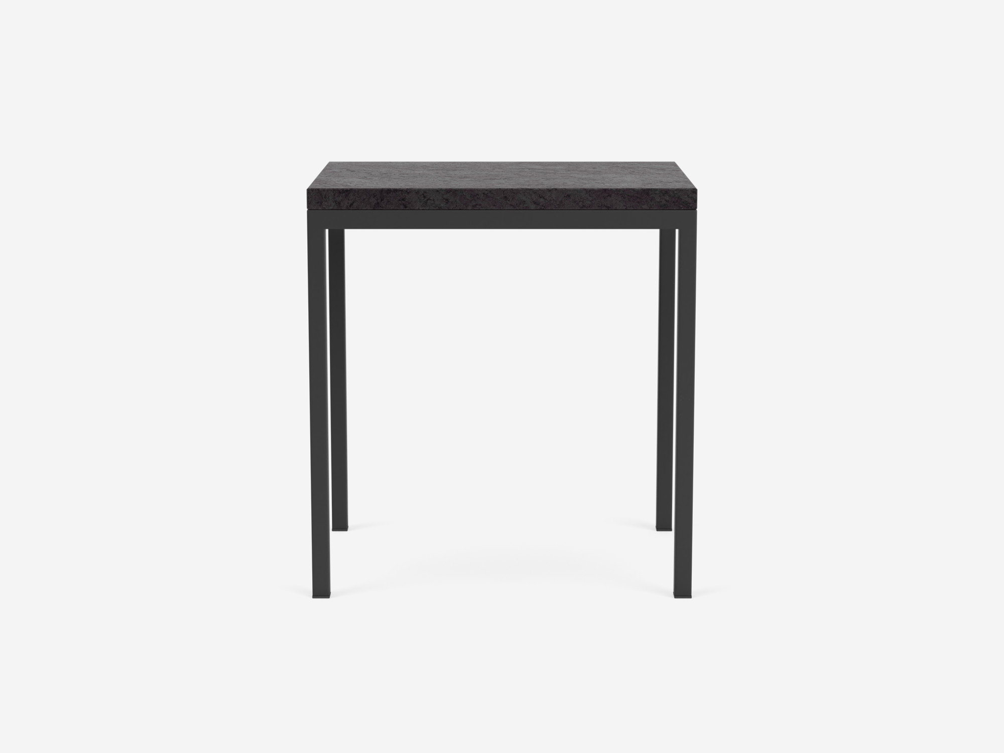 Front angle view of black marble top and black legs end table