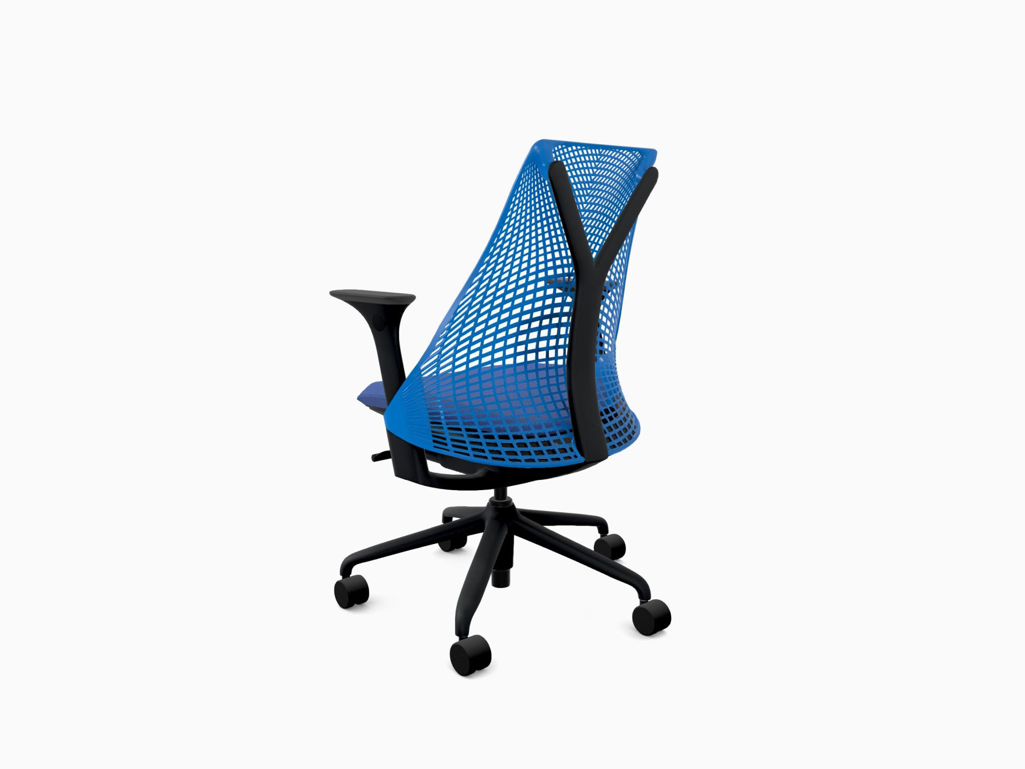 Herman Miller office chair with black base in rhythm berry blue back angle view