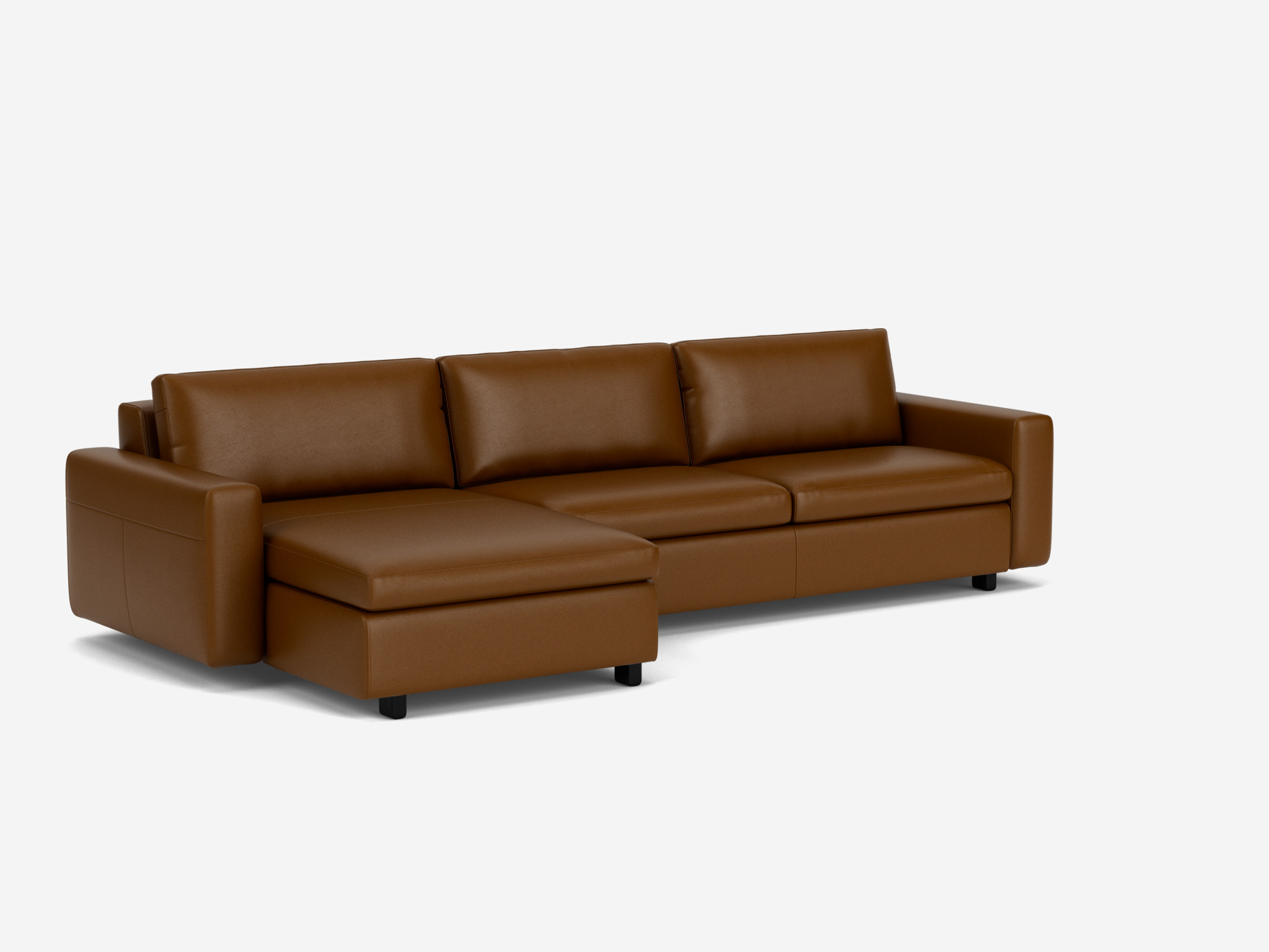 Corner view of the brown leather Reva modern sectional with left hand facing chaise