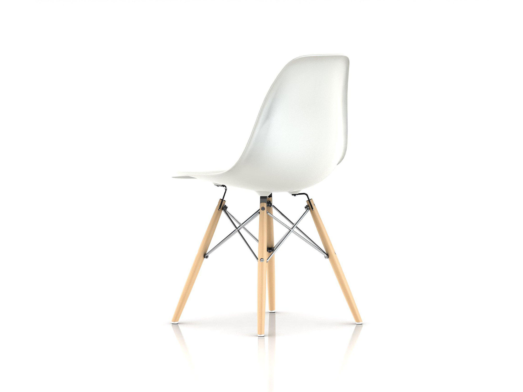 Back angle view of white chair with oak dowels and steel wire