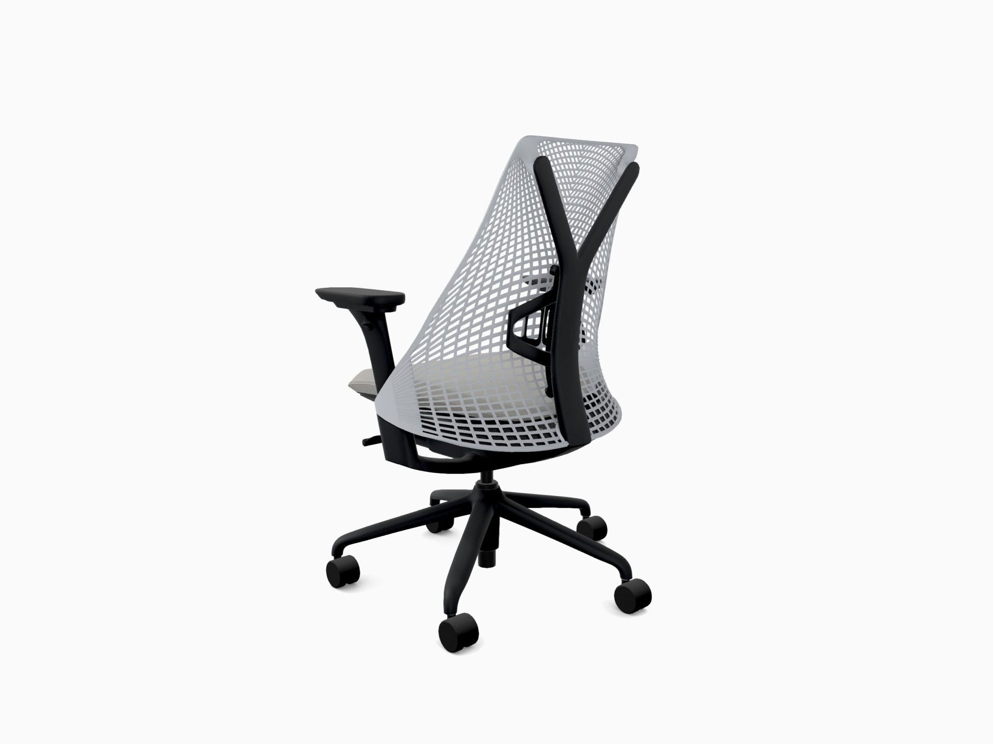 Herman Miller office chair with black base in crepe fog back angle view