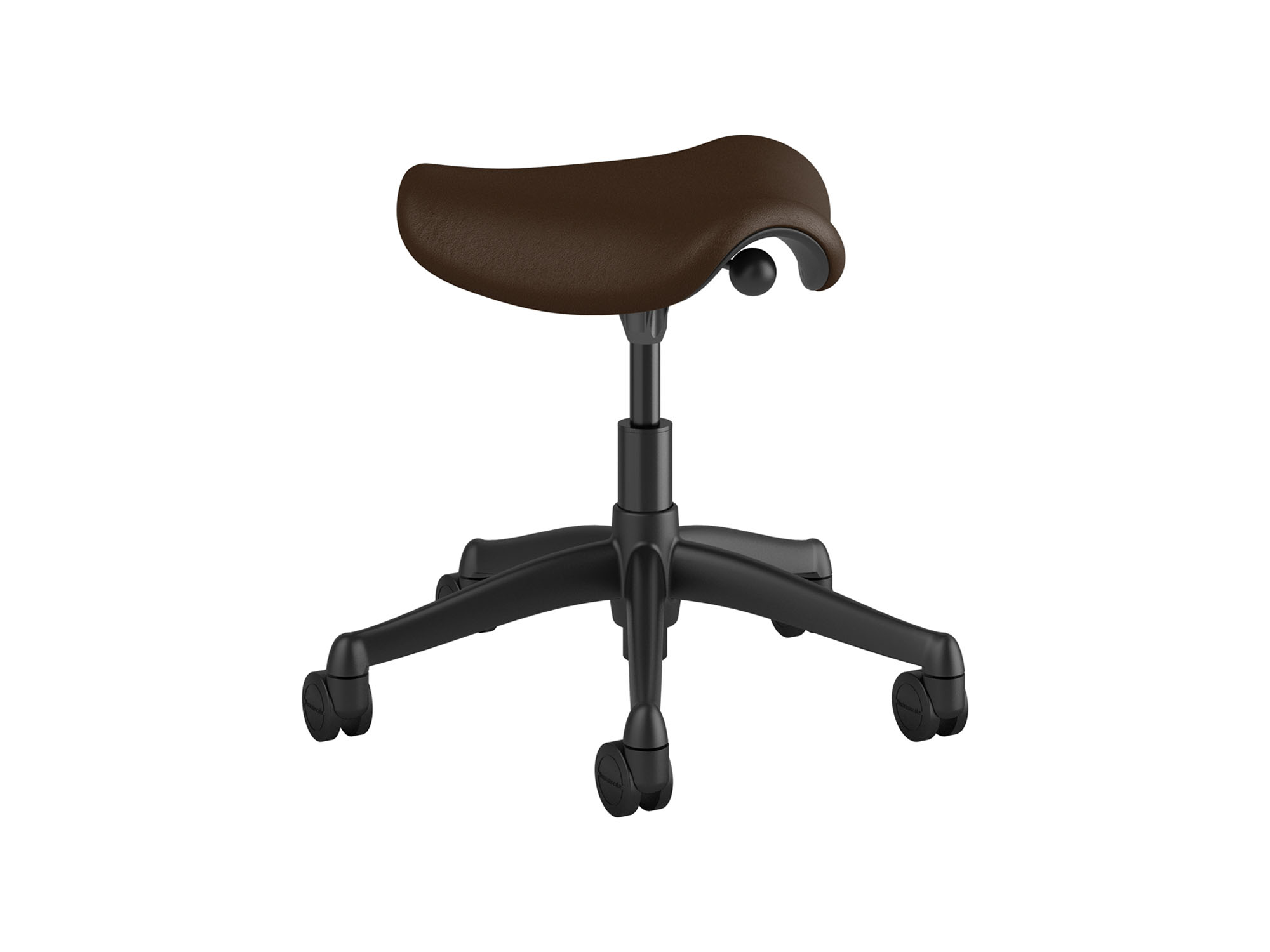 Dark red saddle stool angle view