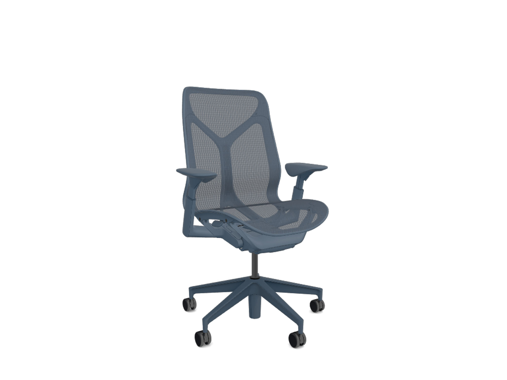 Front view of mid back adjustable arms dark blue cosm ergonomic office chair