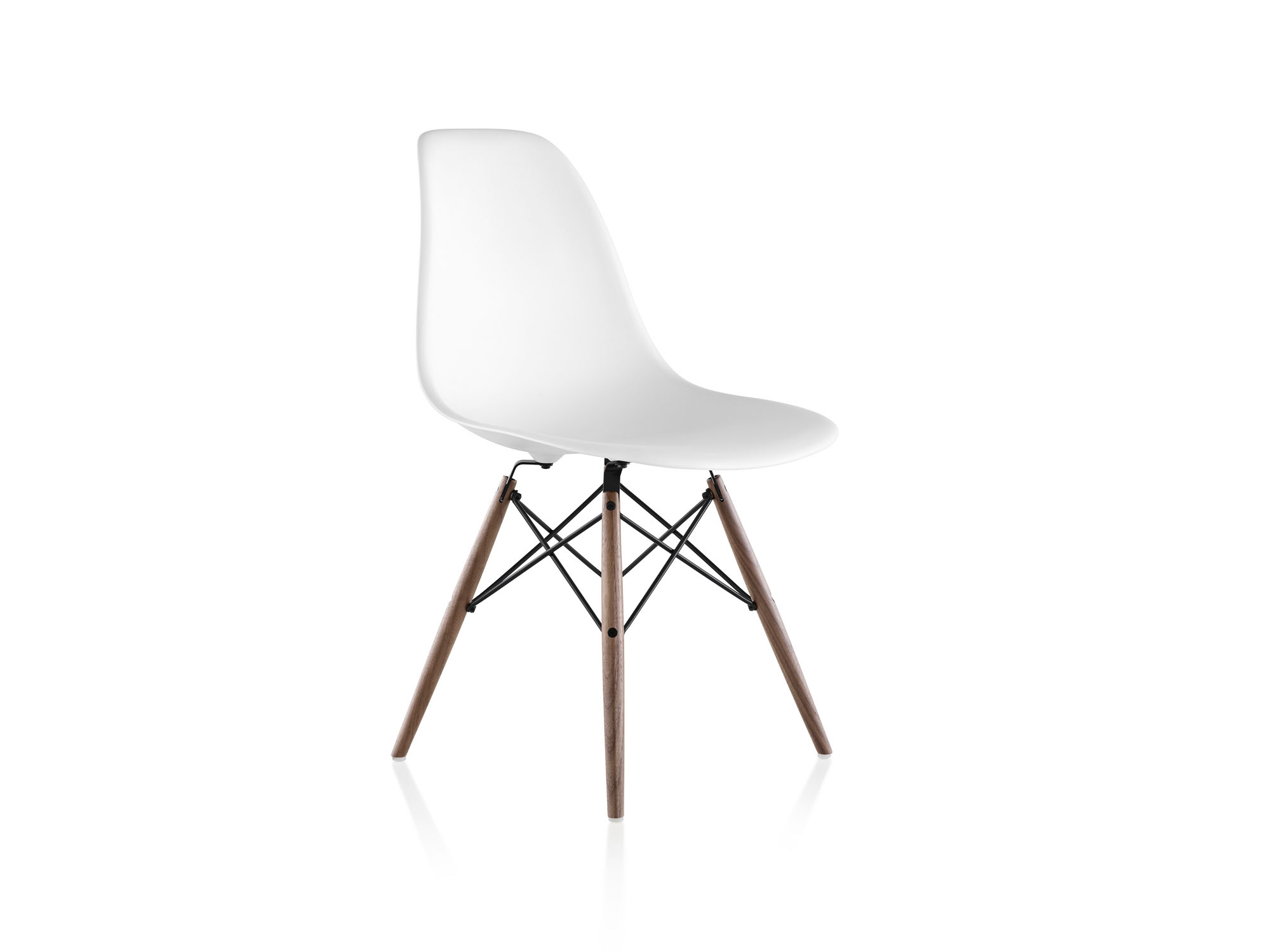 Front angle view of white chair with maple dowels