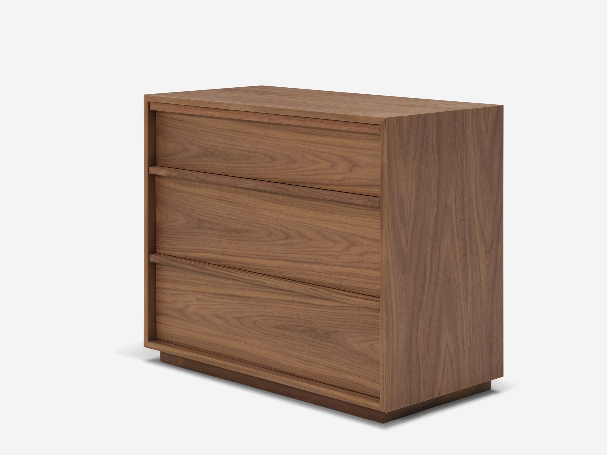 Front angle view of modern walnut single dresser